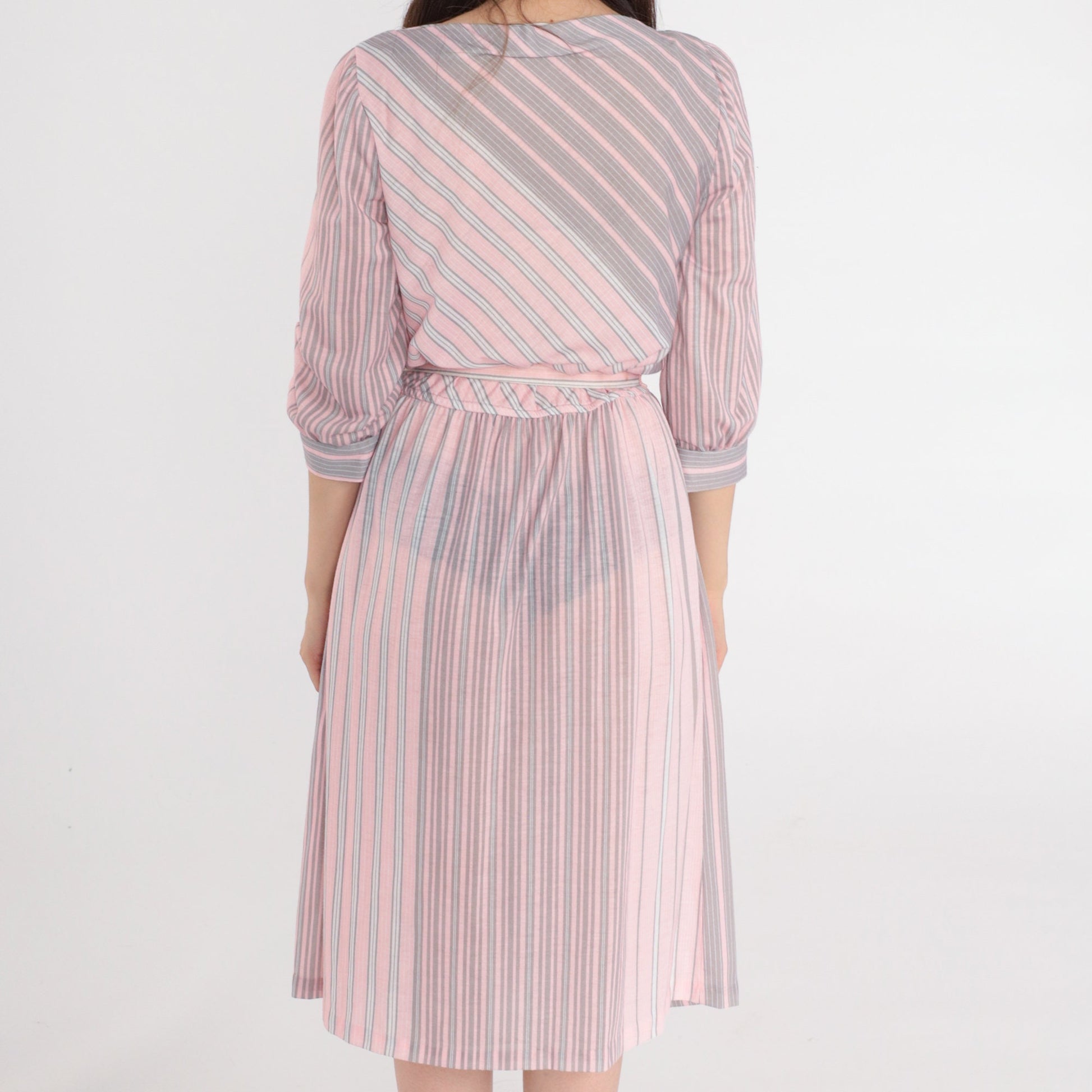 80s Pink Grey Striped Midi Dress Puff Sleeve Boatneck Belted Medium 8