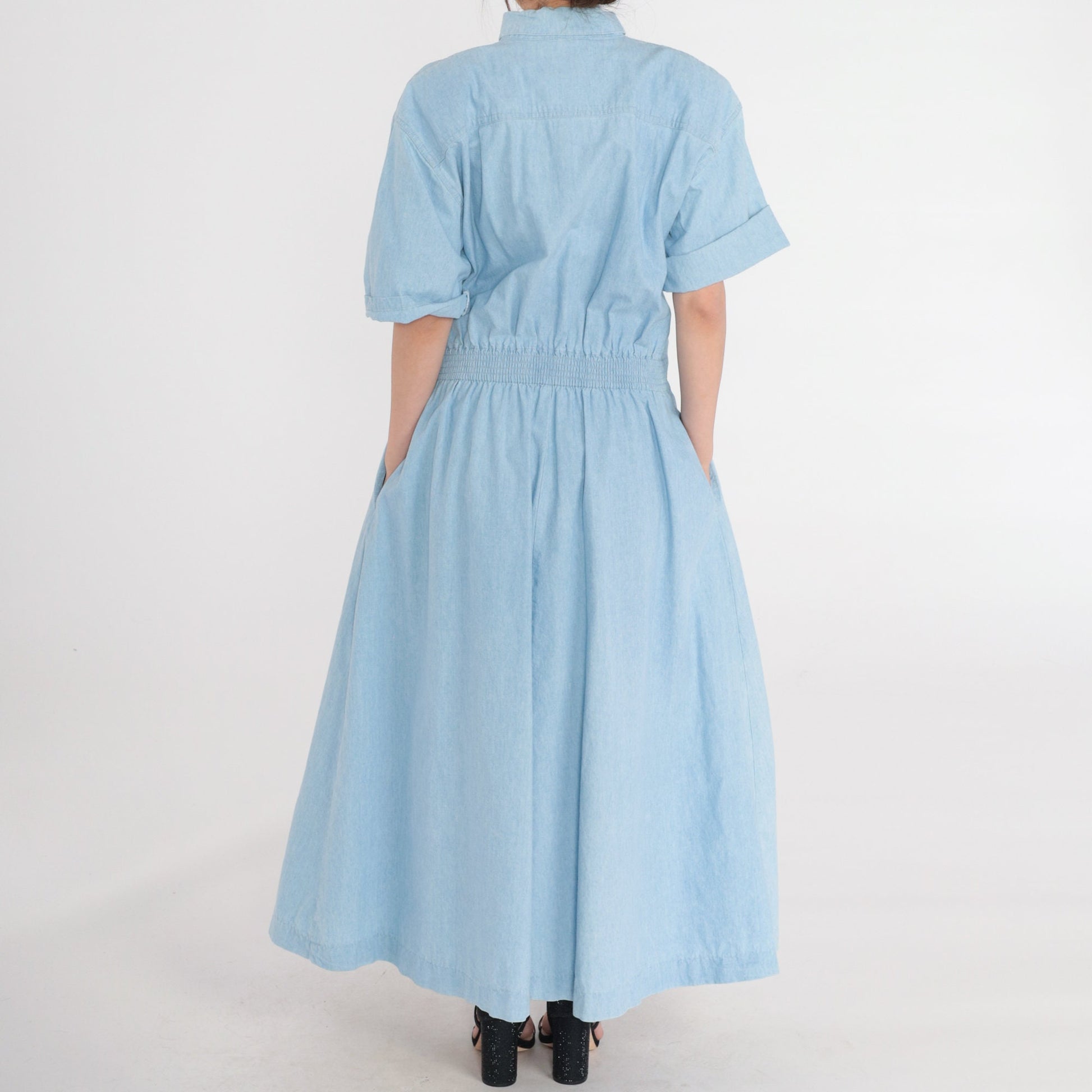 80s Norm Thompson Blue Denim Maxi Dress Button-Up Chest Pocket Extra Large