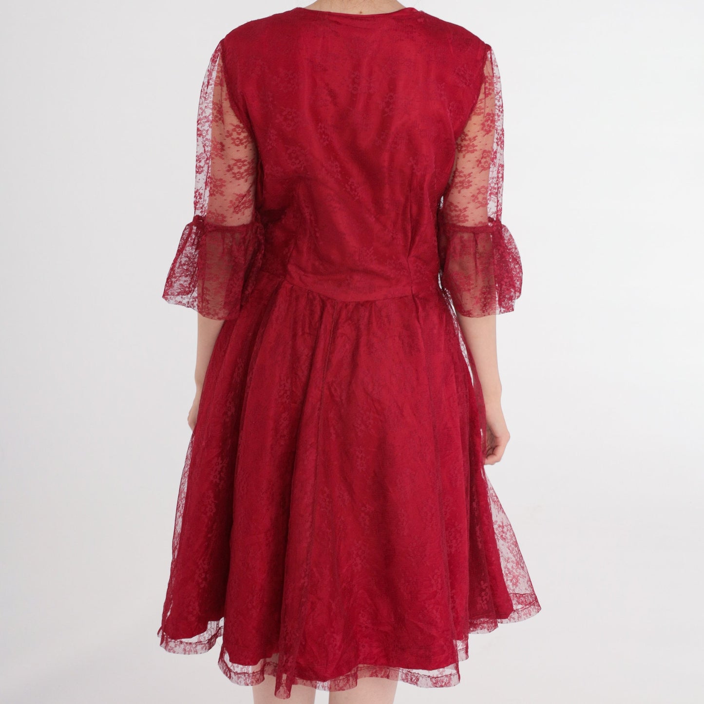 90s Red Lace Dress Button-Up Sheer Ruffle Sleeve Knee-Length Medium M