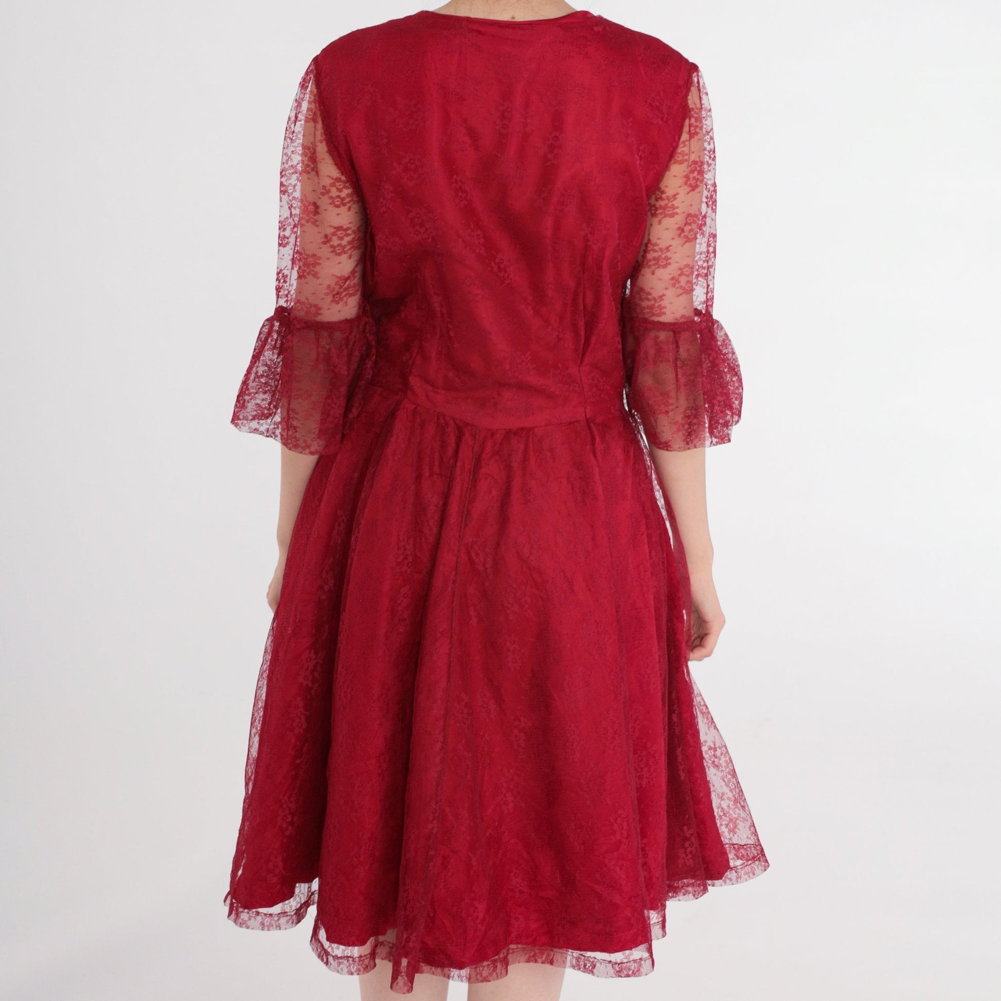 90s Red Lace Dress Button-Up Sheer Ruffle Sleeve Knee-Length Medium M