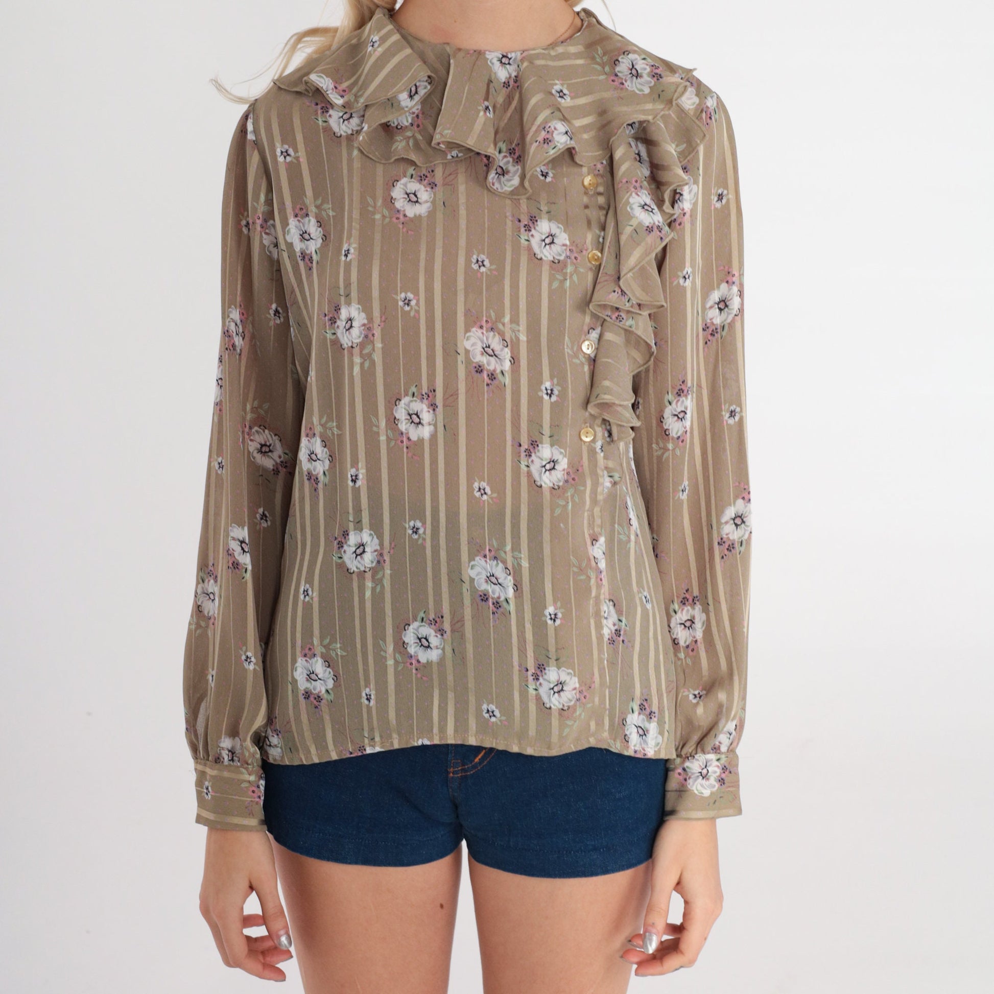 80s Anna Krist Floral Striped Blouse Taupe Ruffle Button-Up Medium
