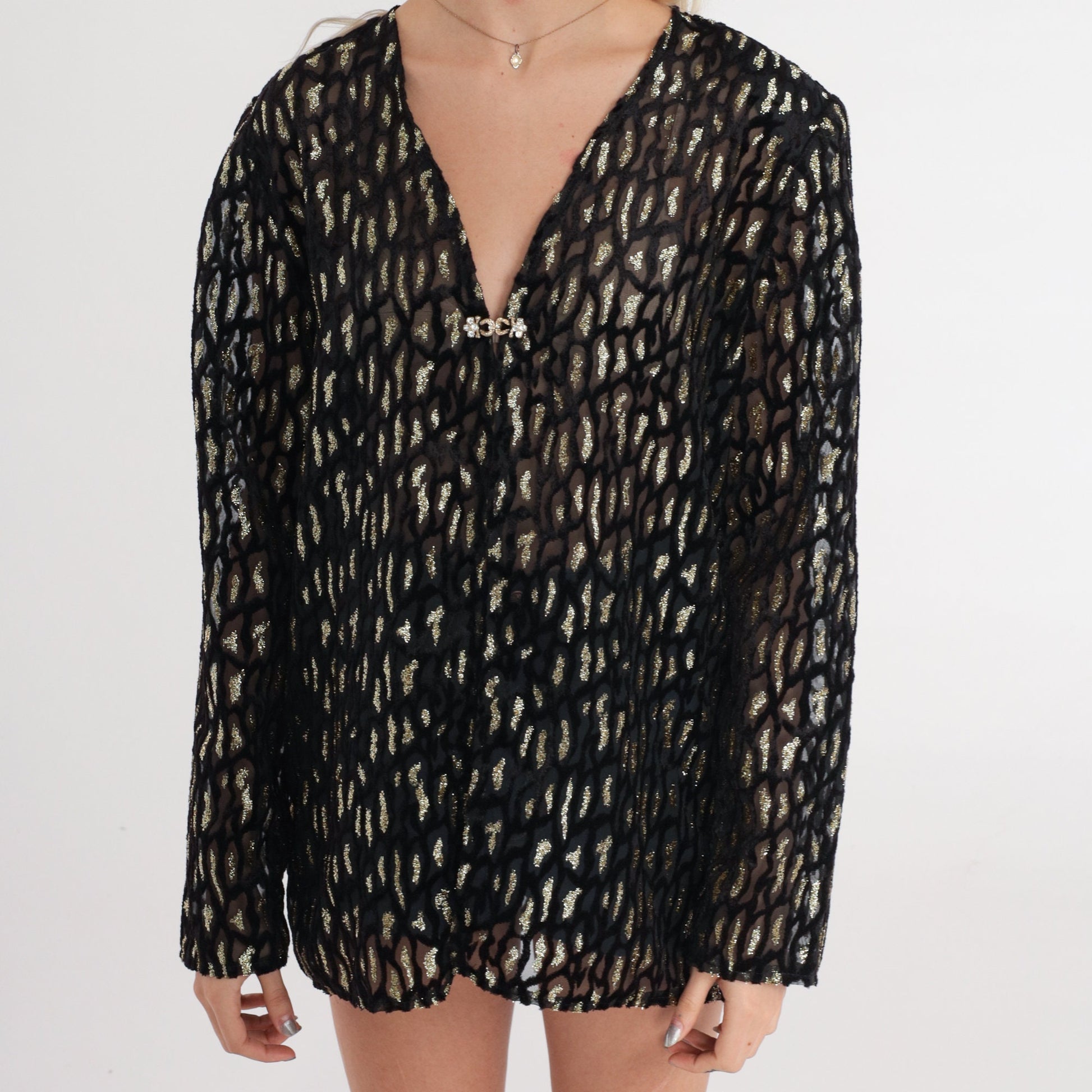 90s R&K Evening Sheer Black Blazer Metallic Animal Print Open Front Large L