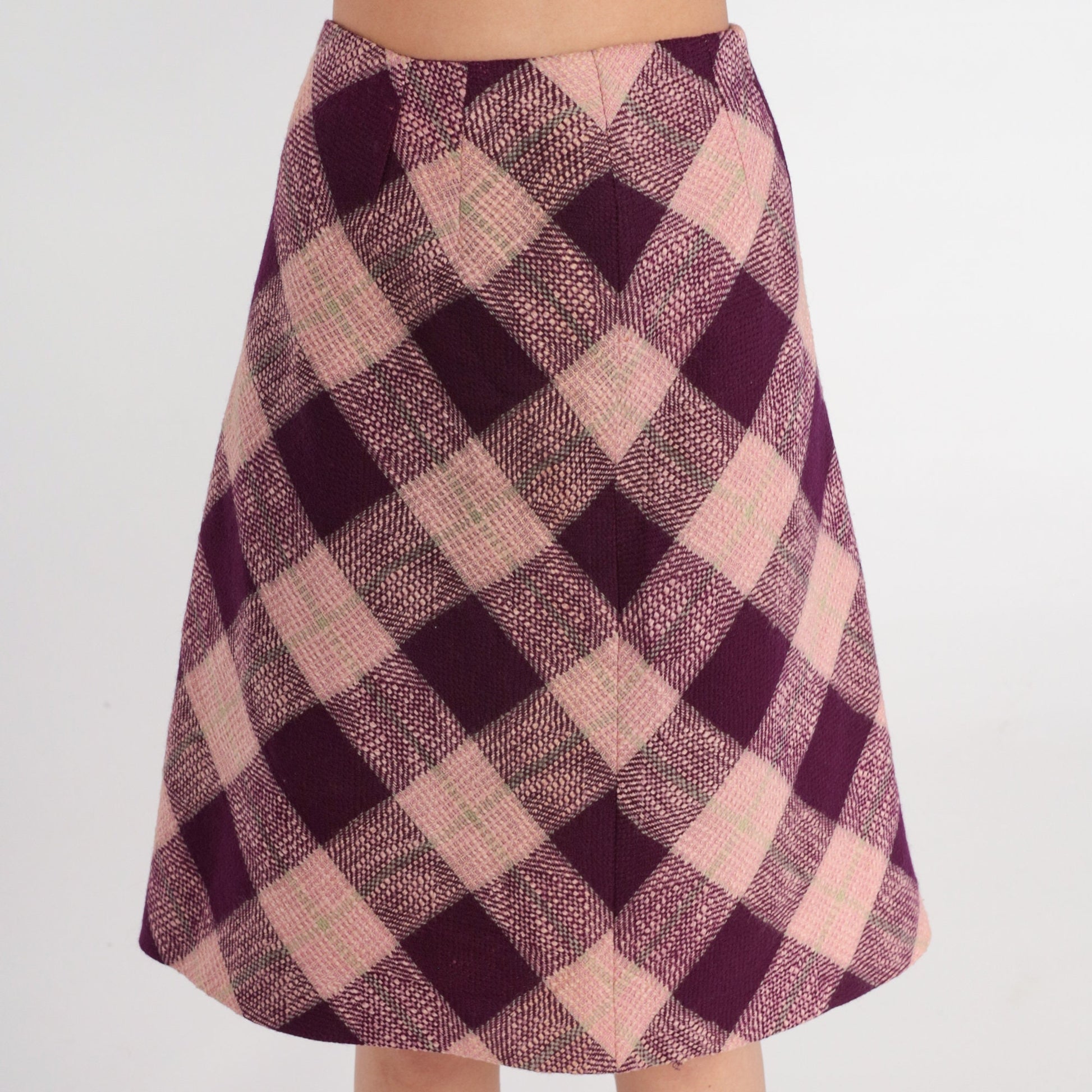 60s Pink Purple Checkered A-Line Skirt High Waist Knee Length Medium M