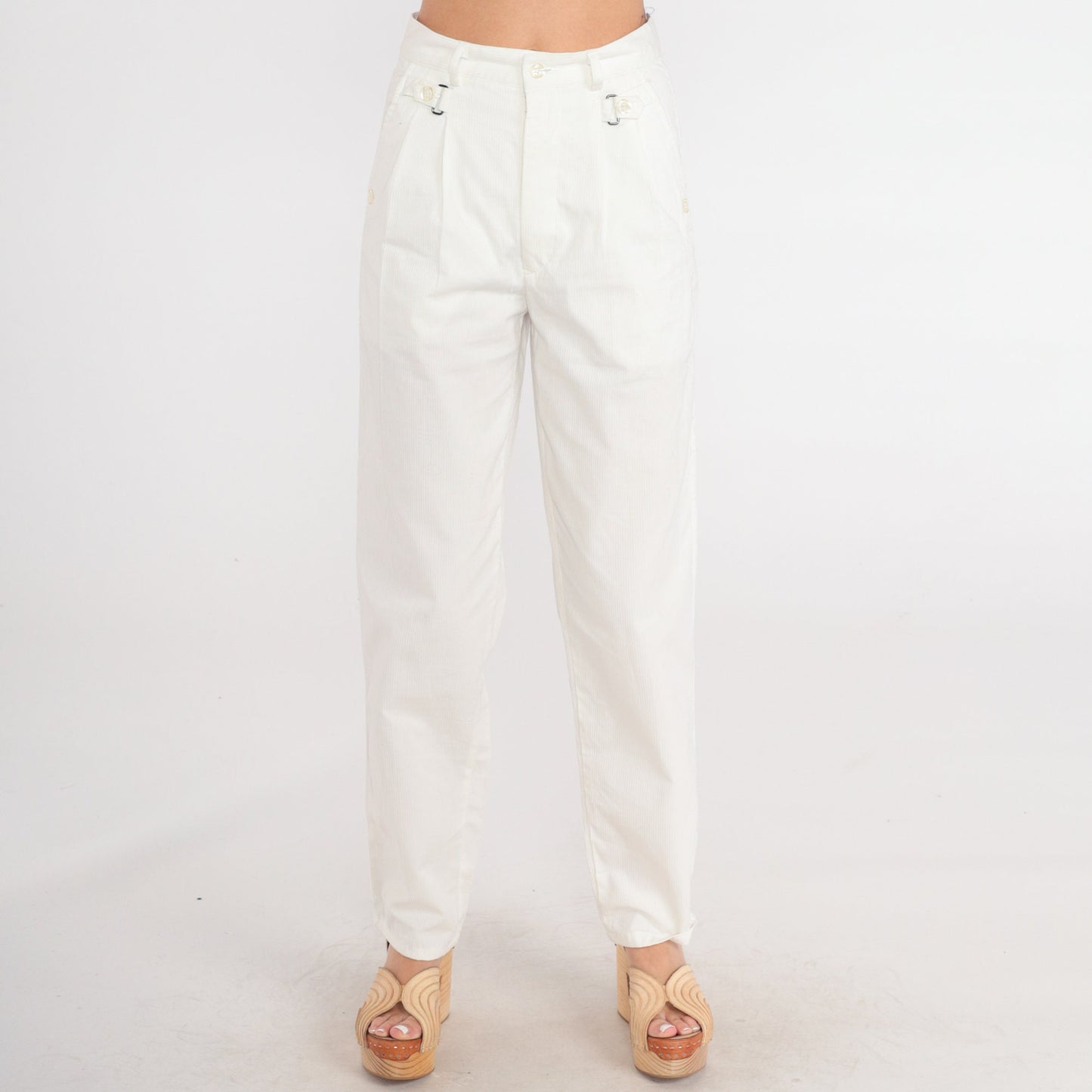 80s White Corduroy Pants High Waist Pleated Straight Leg Small