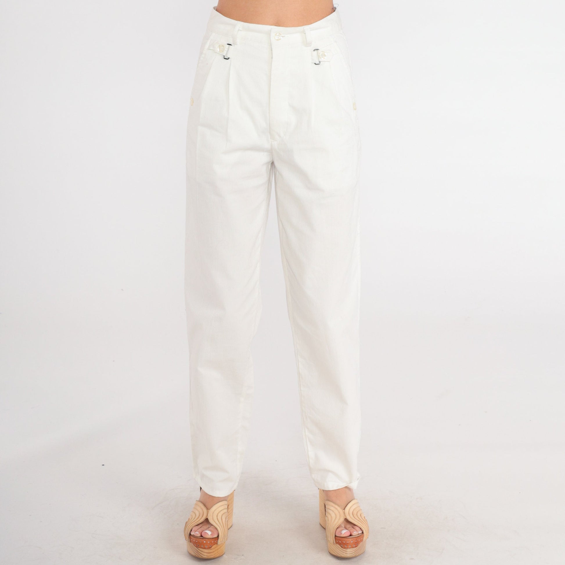80s White Corduroy Pants High Waist Pleated Straight Leg Small