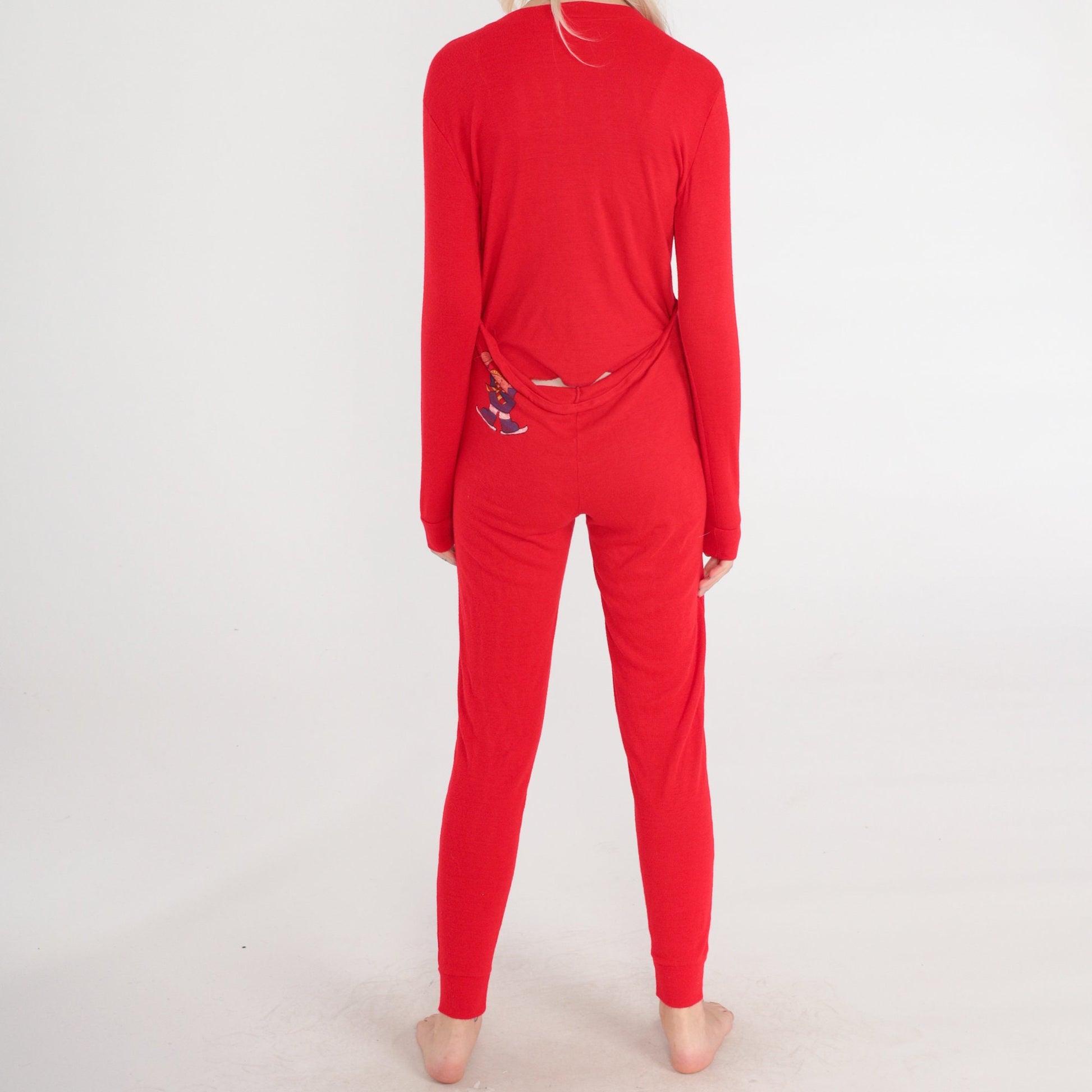 80s Red Pajama Jumpsuit Skiing Bears Snowflake Print Button-Up Extra Small