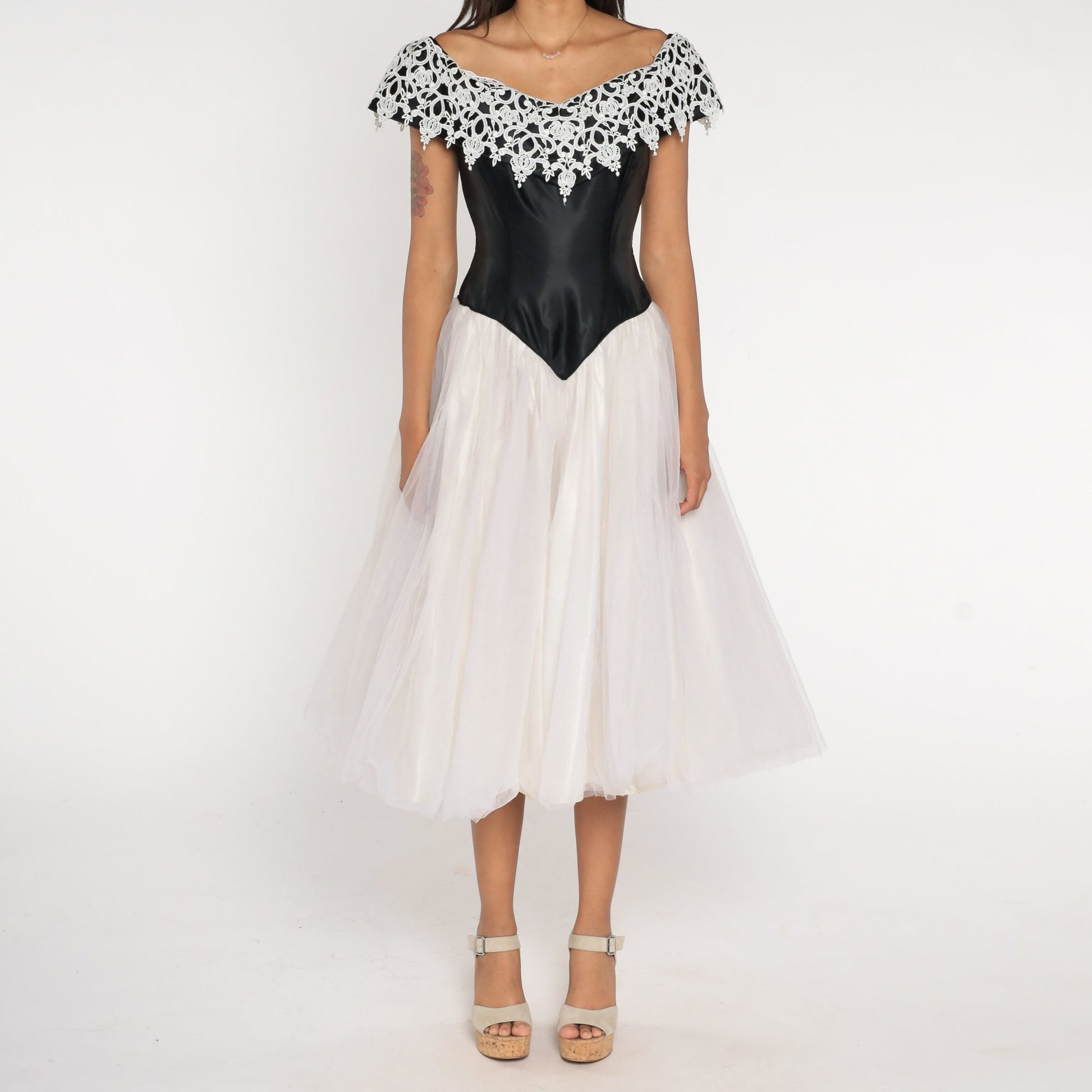 80s Black White Lace Off-Shoulder Tulle Midi Dress Basque Waist Extra Small
