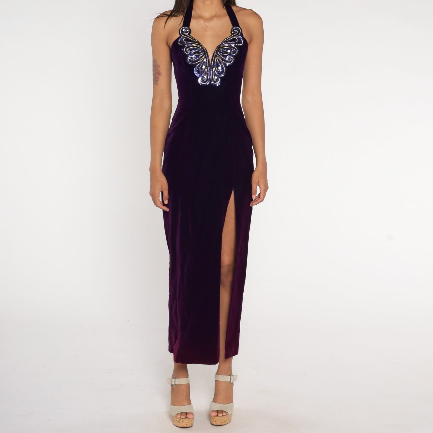 90s Zum Zum Purple Velvet Maxi Dress Sequin Halter Bodycon Slit Extra Small