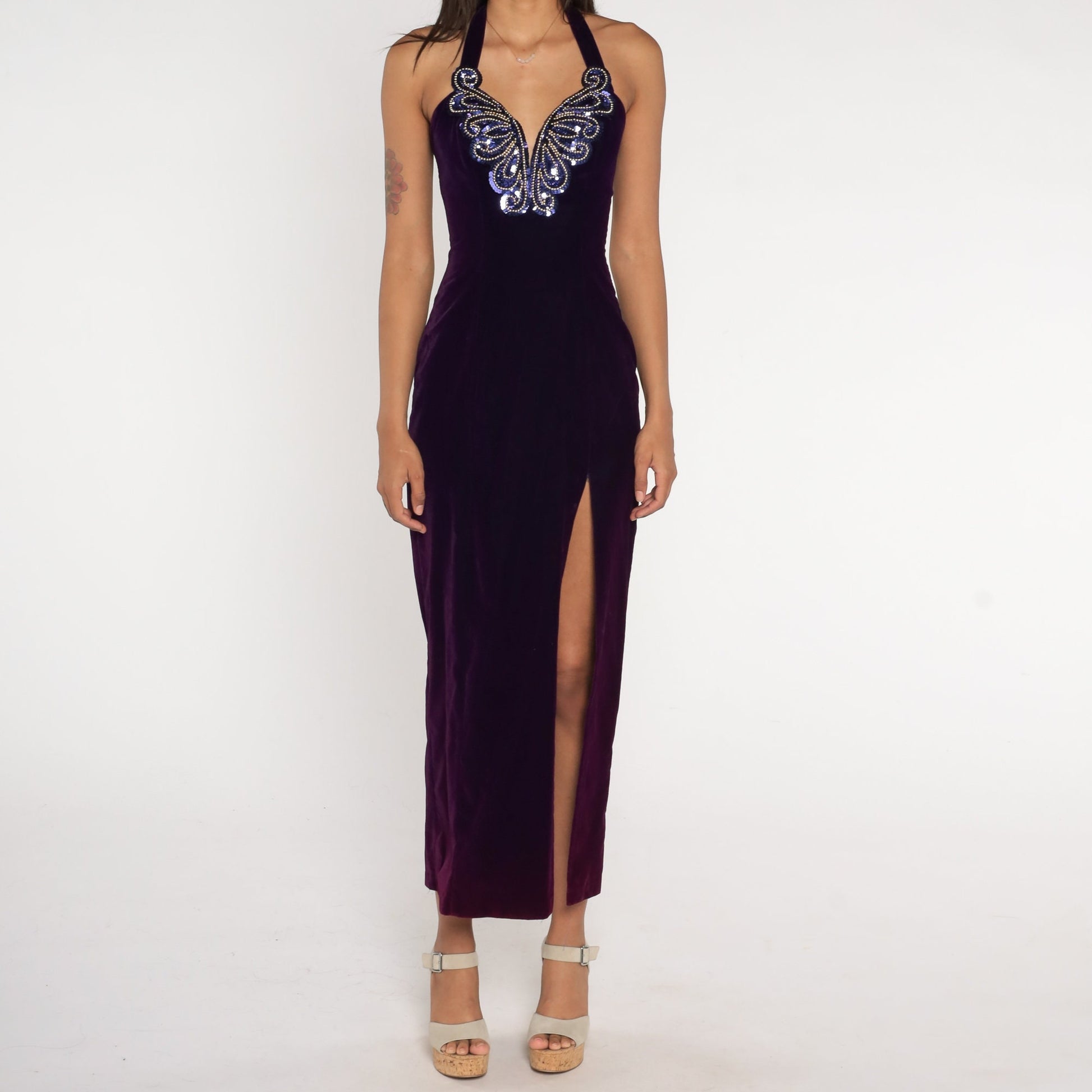 90s Zum Zum Purple Velvet Maxi Dress Sequin Halter Bodycon Slit Extra Small