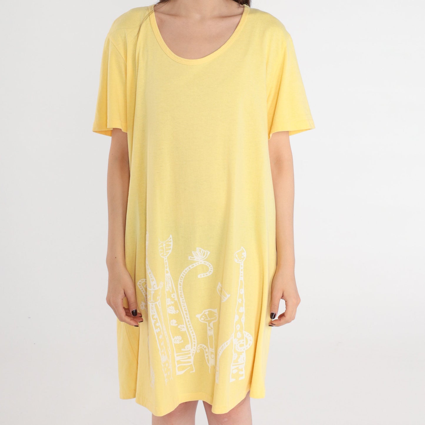 90s Yellow Cat Print T-Shirt Dress Shift Scoop Neck Mini Medium