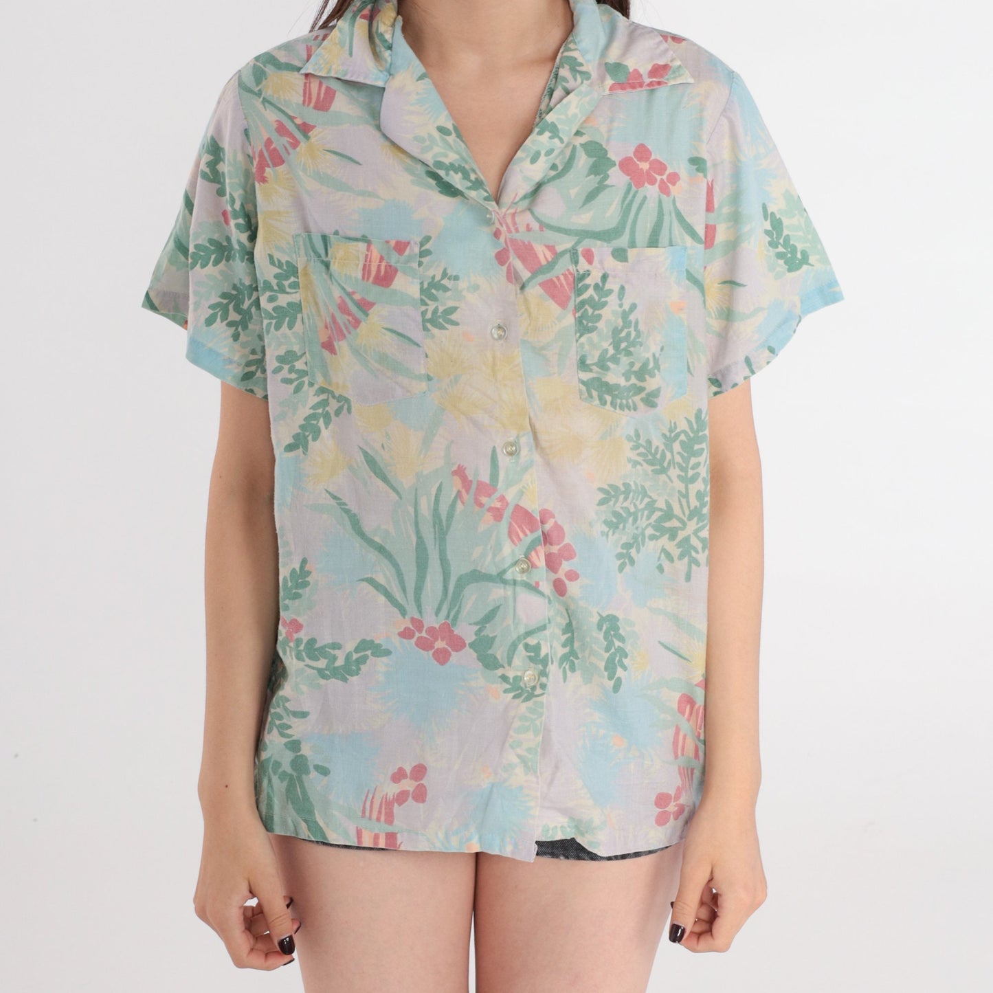 80s Floral Bird Print Button-Up Blouse Short Sleeve Green Blue Grey Medium