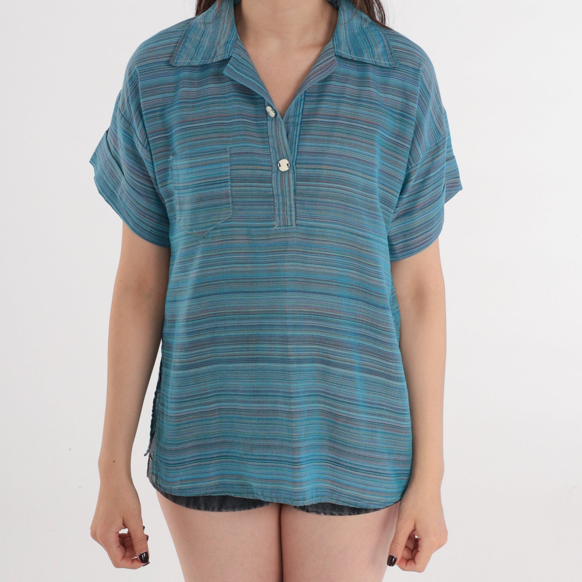 90s Blue Striped Polo Shirt Chest Pocket Collared Short Sleeve Extra Small