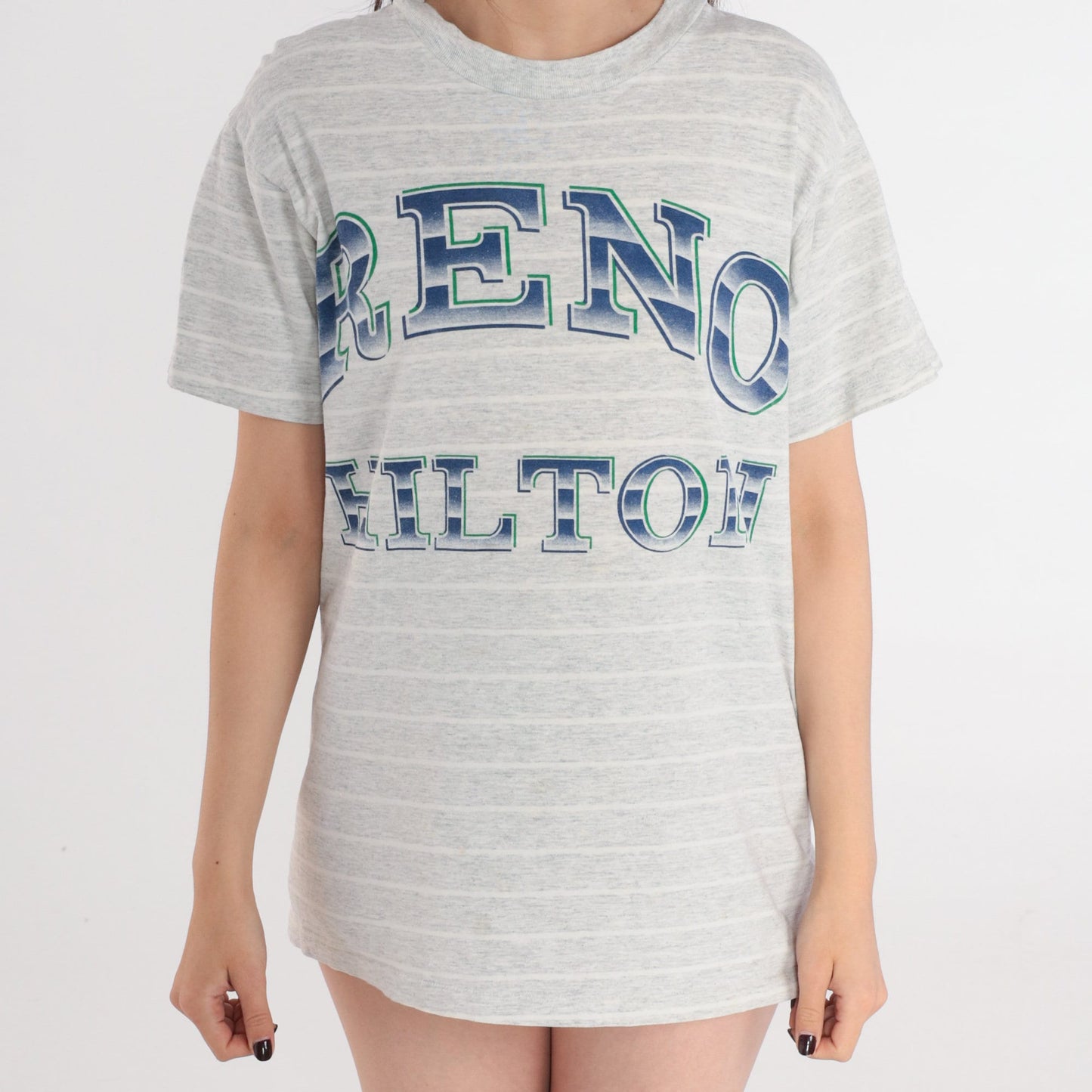 90s Reno Hilton Nevada Hotel Graphic T-Shirt Grey Striped Medium