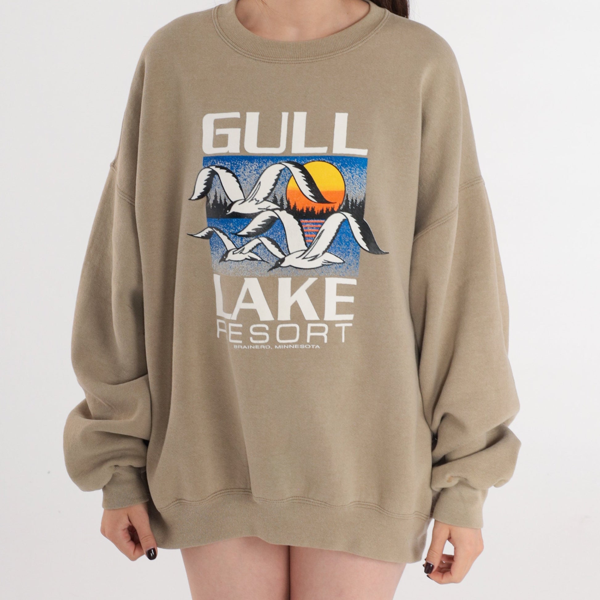 80s Gull Lake Resort Brainerd Minnesota Sweatshirt Seagull Sunset Taupe Extra Extra Large XXL