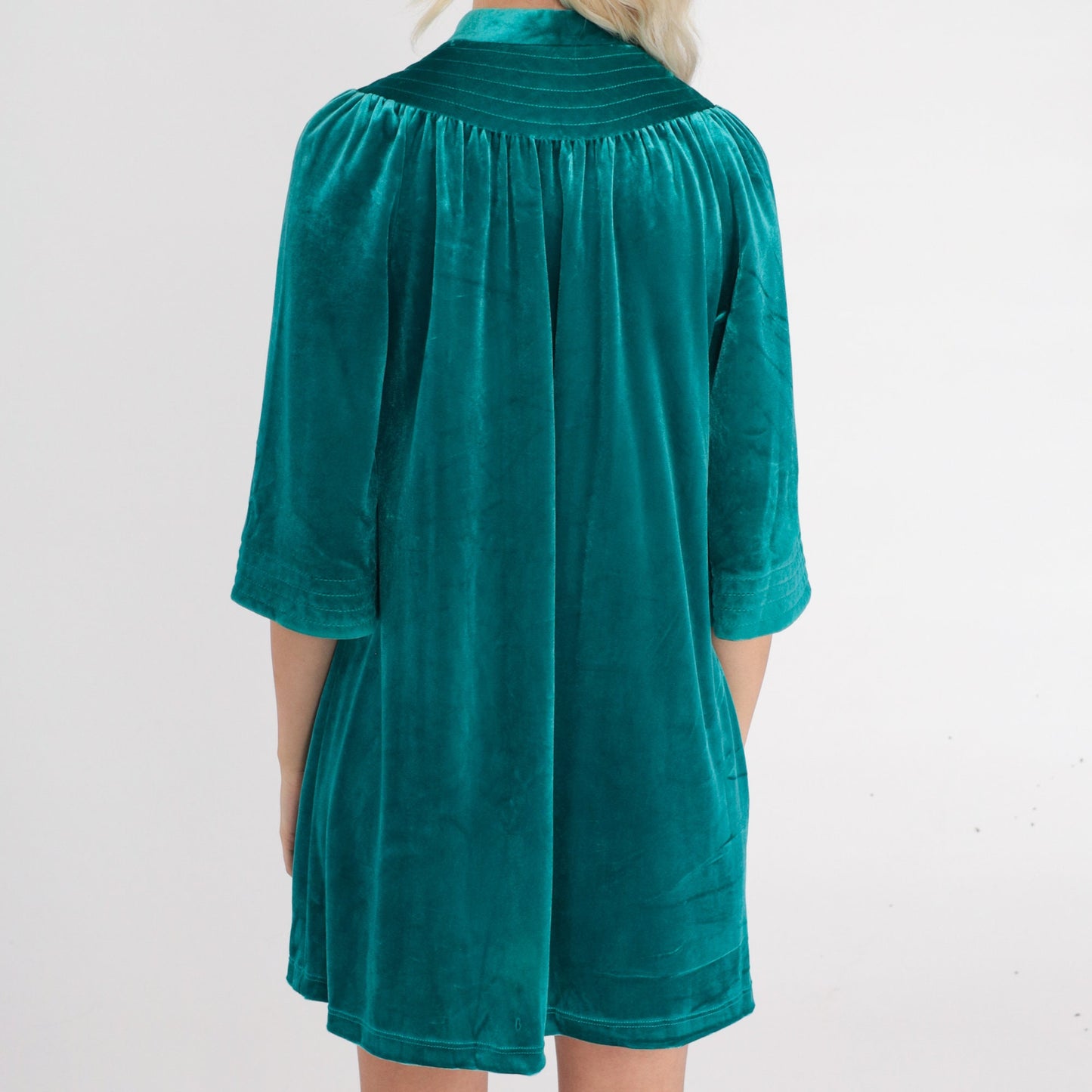 70s Green Velour Mini Lounge Dress Zip Front Tent Cut Medium M