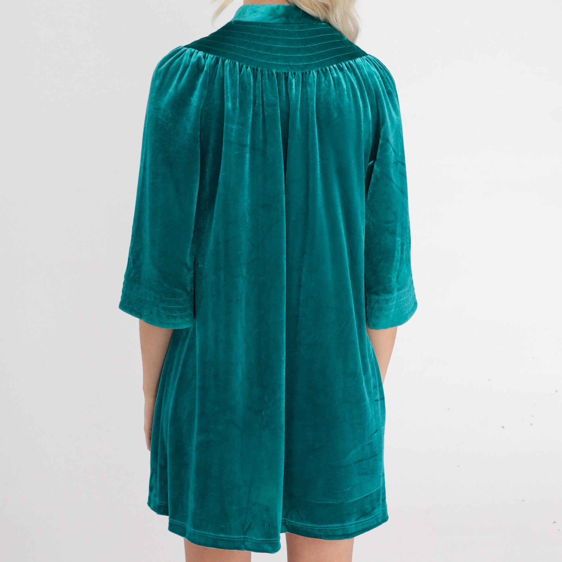 70s Green Velour Mini Lounge Dress Zip Front Tent Cut Medium M