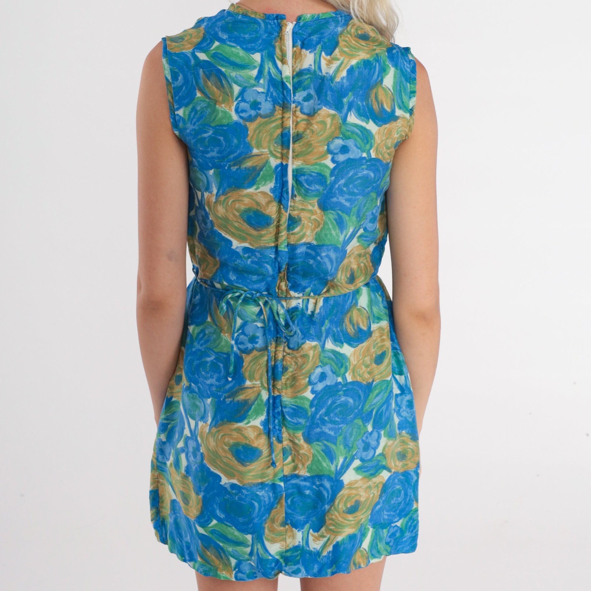 1970s Silk Floral Mini Dress Sleeveless Shift Belted Blue Green White XXS