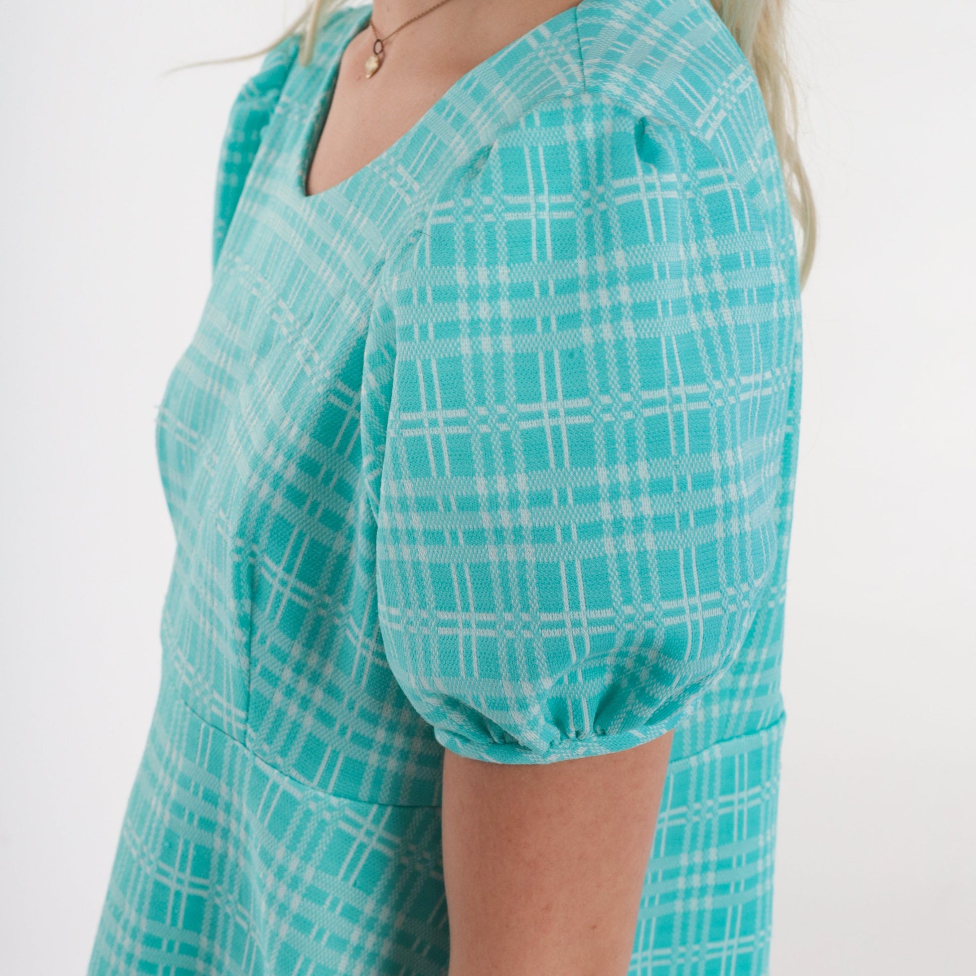 60s Blue Checkered Babydoll Dress Empire Waist Puff Sleeve Mini Small