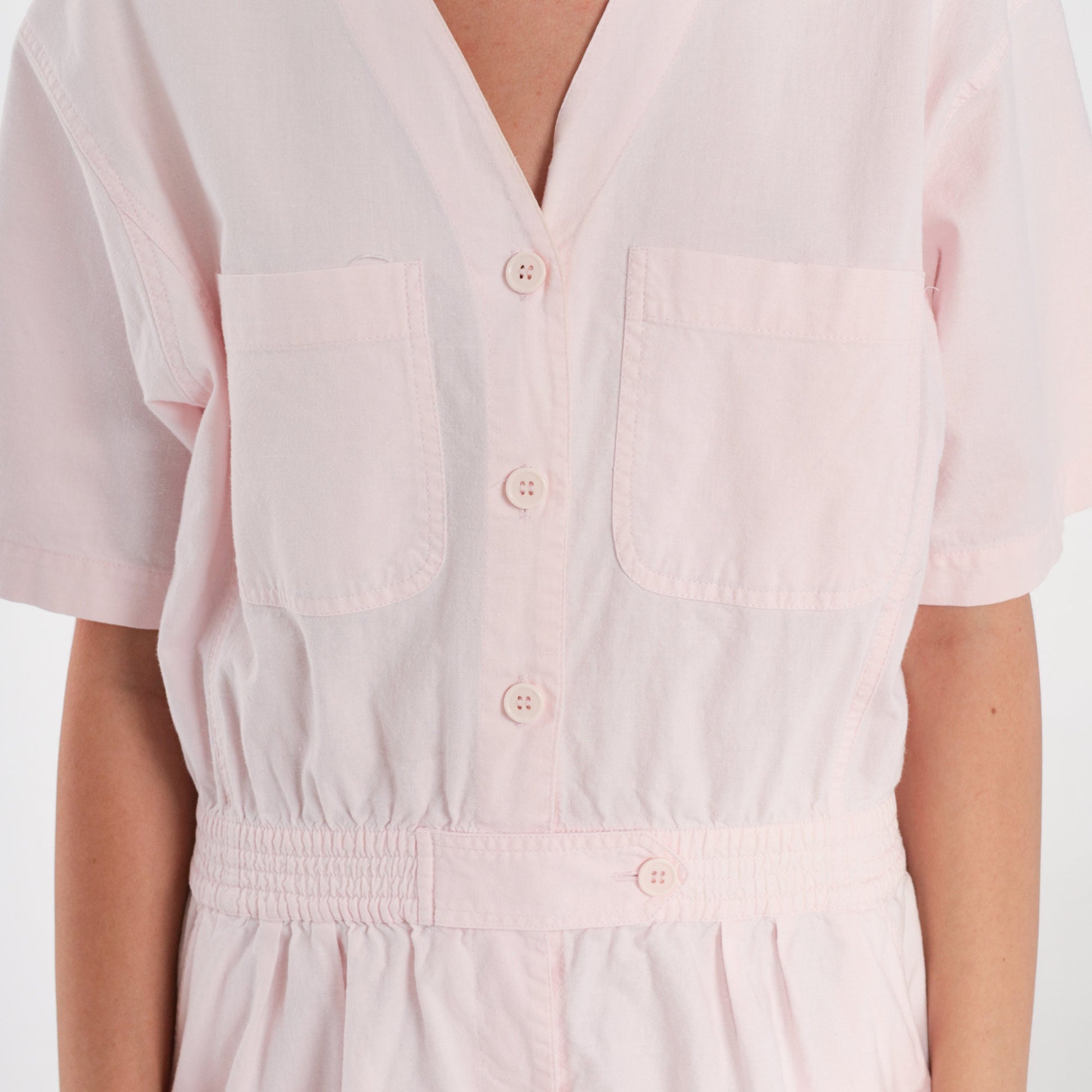 90s Baby Pink Cotton Romper Button-Up V-Neck Chest Pockets Medium