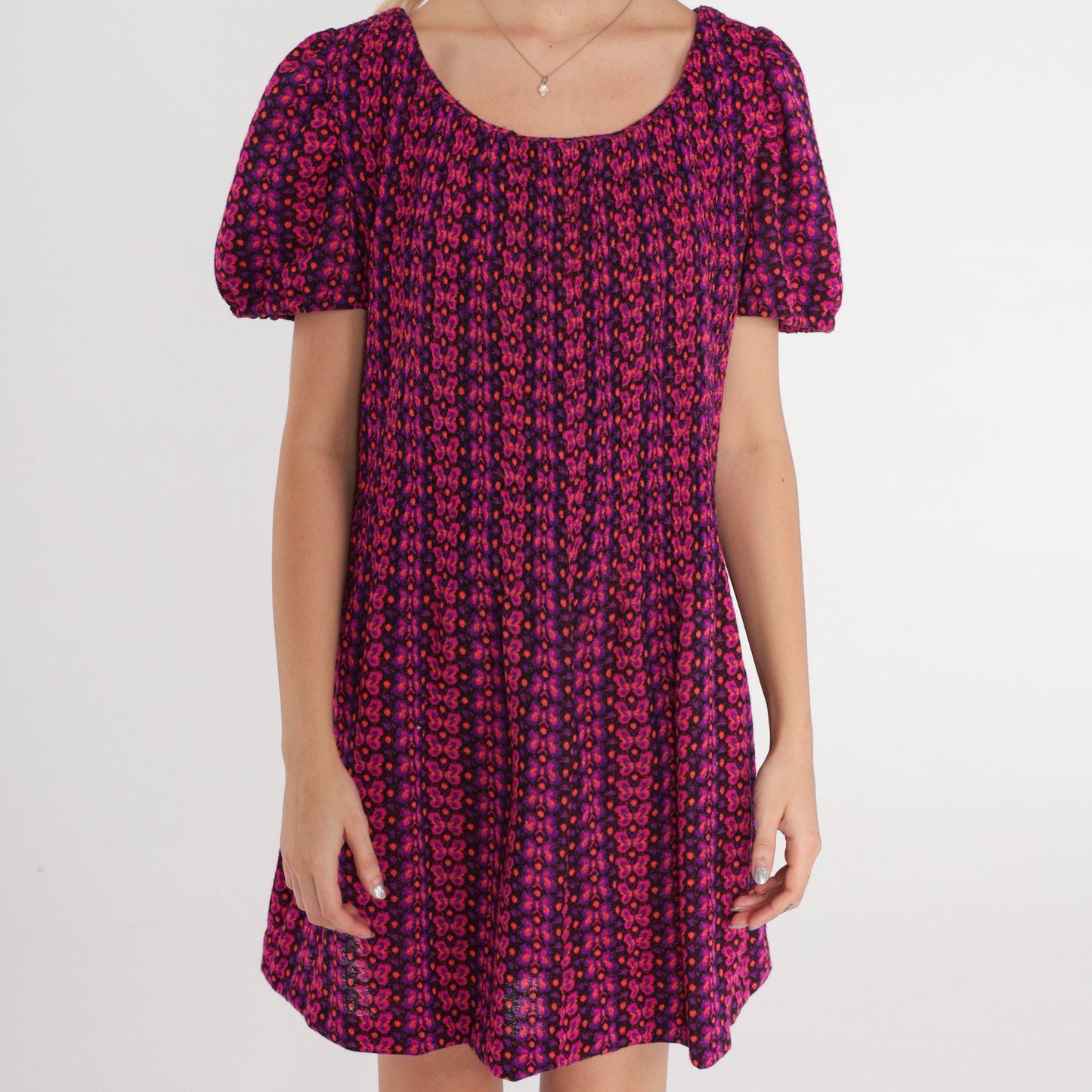 60s Butterfly Print Shift Dress Puff Sleeve Mini Pink Purple Orange Medium Large
