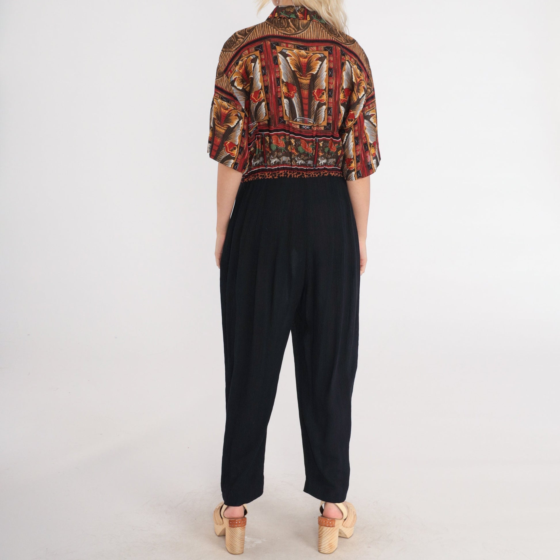 90s Phoebe Abstract Floral Griffin Jumpsuit High-Waisted Tapered Black Large