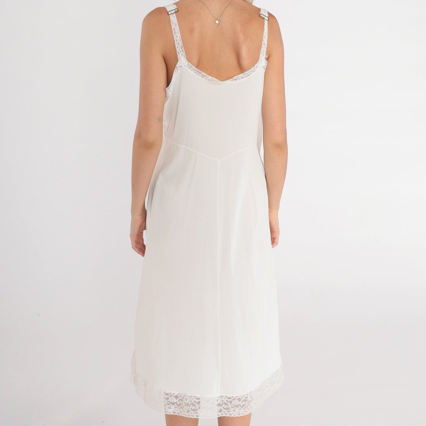 70s White Lace Trim Slip Dress Empire Waist Midi Nylon Nightgown Medium M