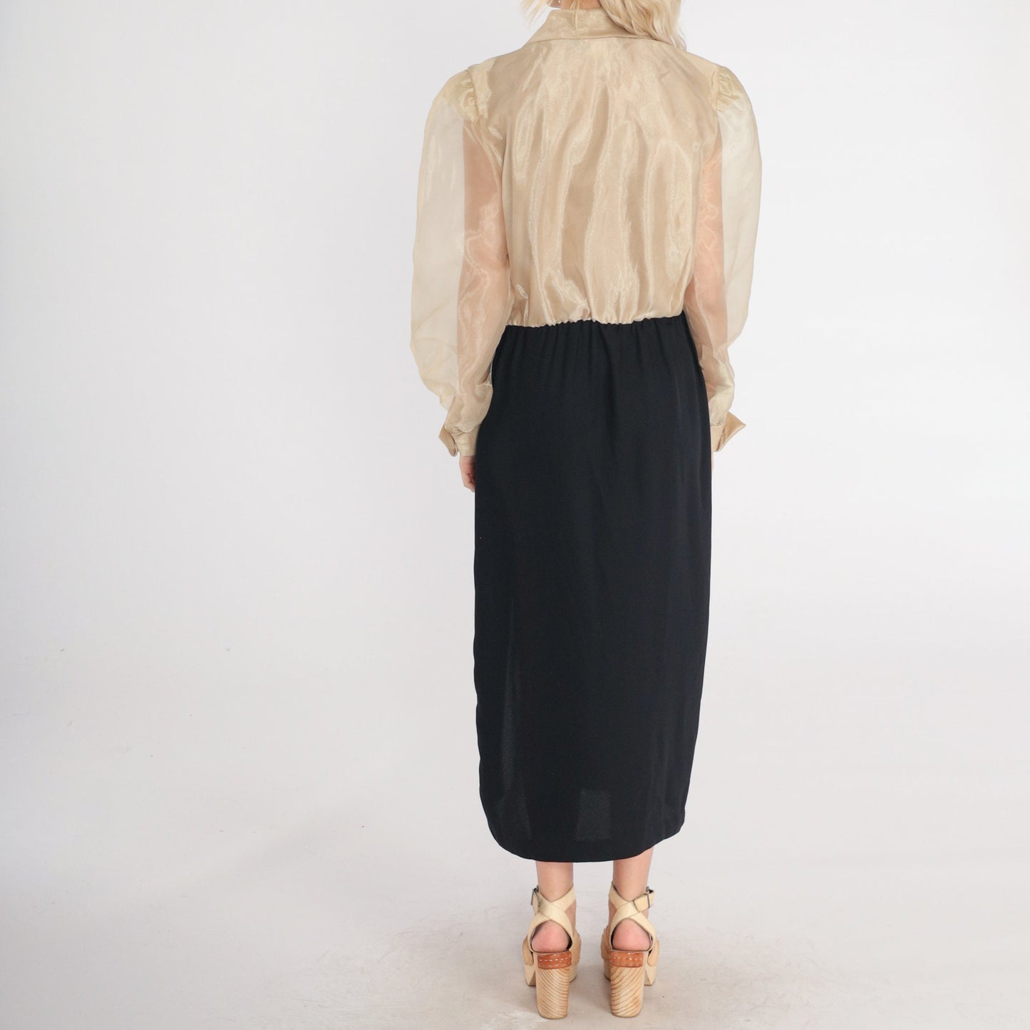 90s Metallic Gold Black Maxi Dress Sheer Sleeve Wrap Collar High Slit Small