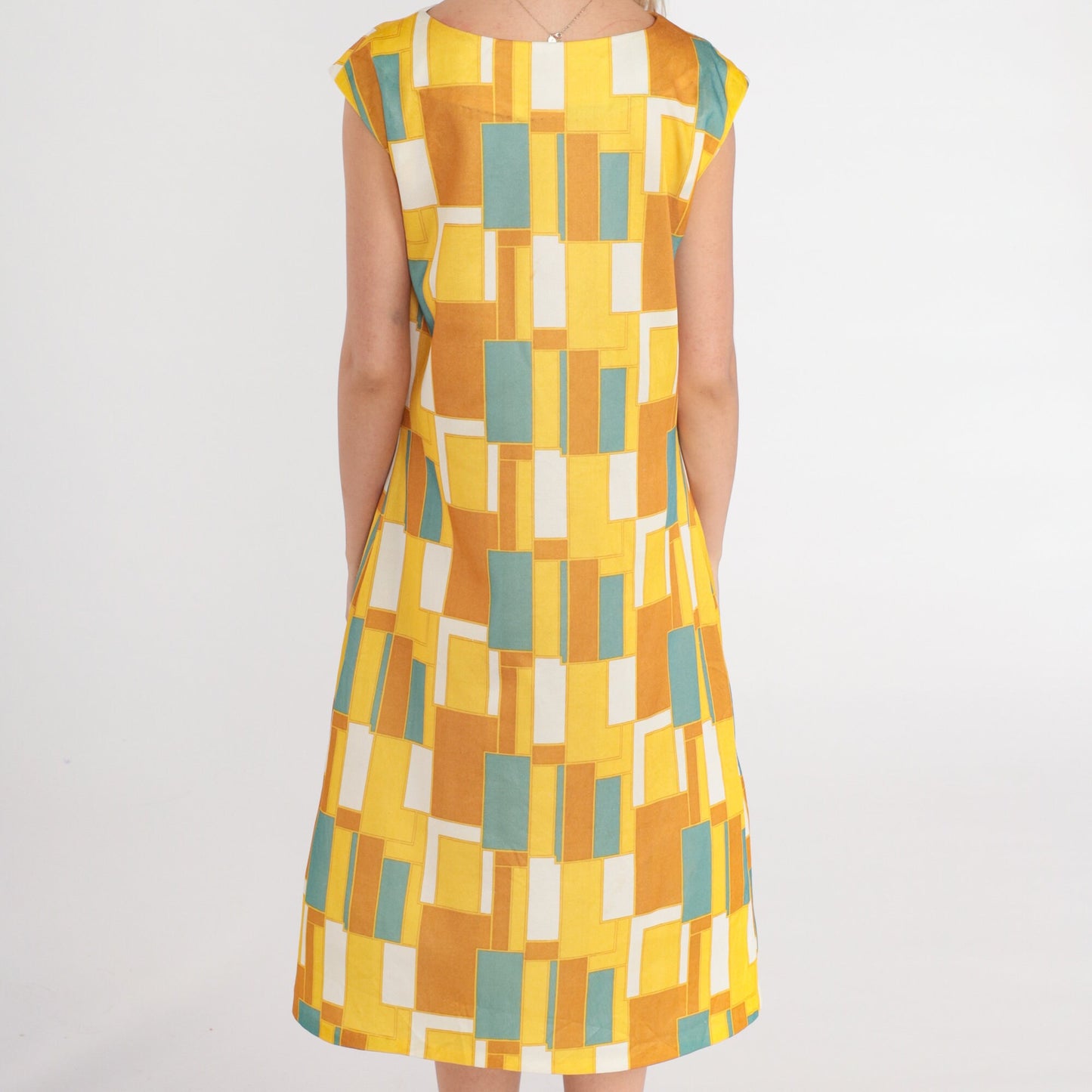 70s Mod Geometric Yellow Midi Dress A-Line Cap Sleeve Medium M