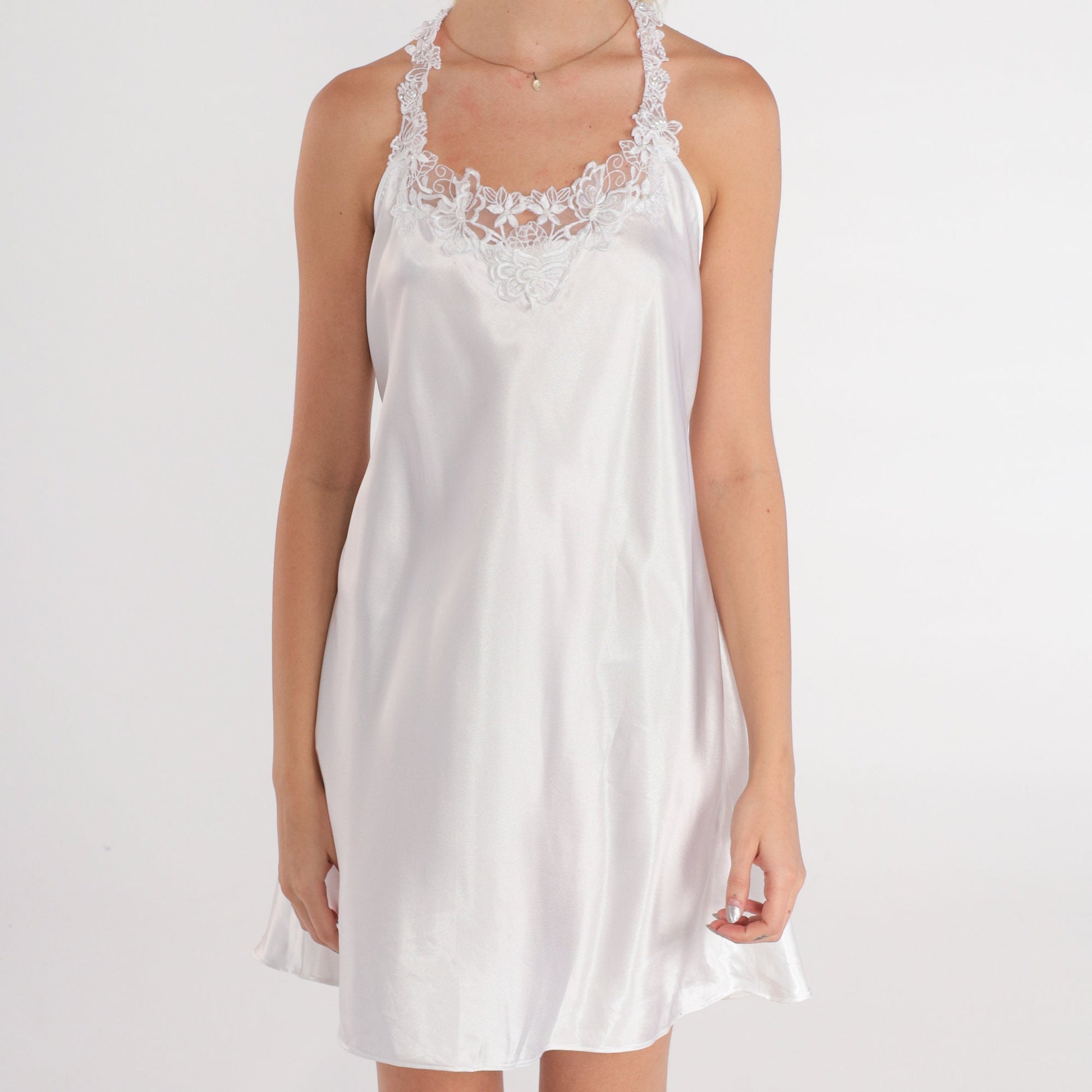 90s White Beaded Lace Slip Dress Halter Strappy Mini Nightgown Medium M