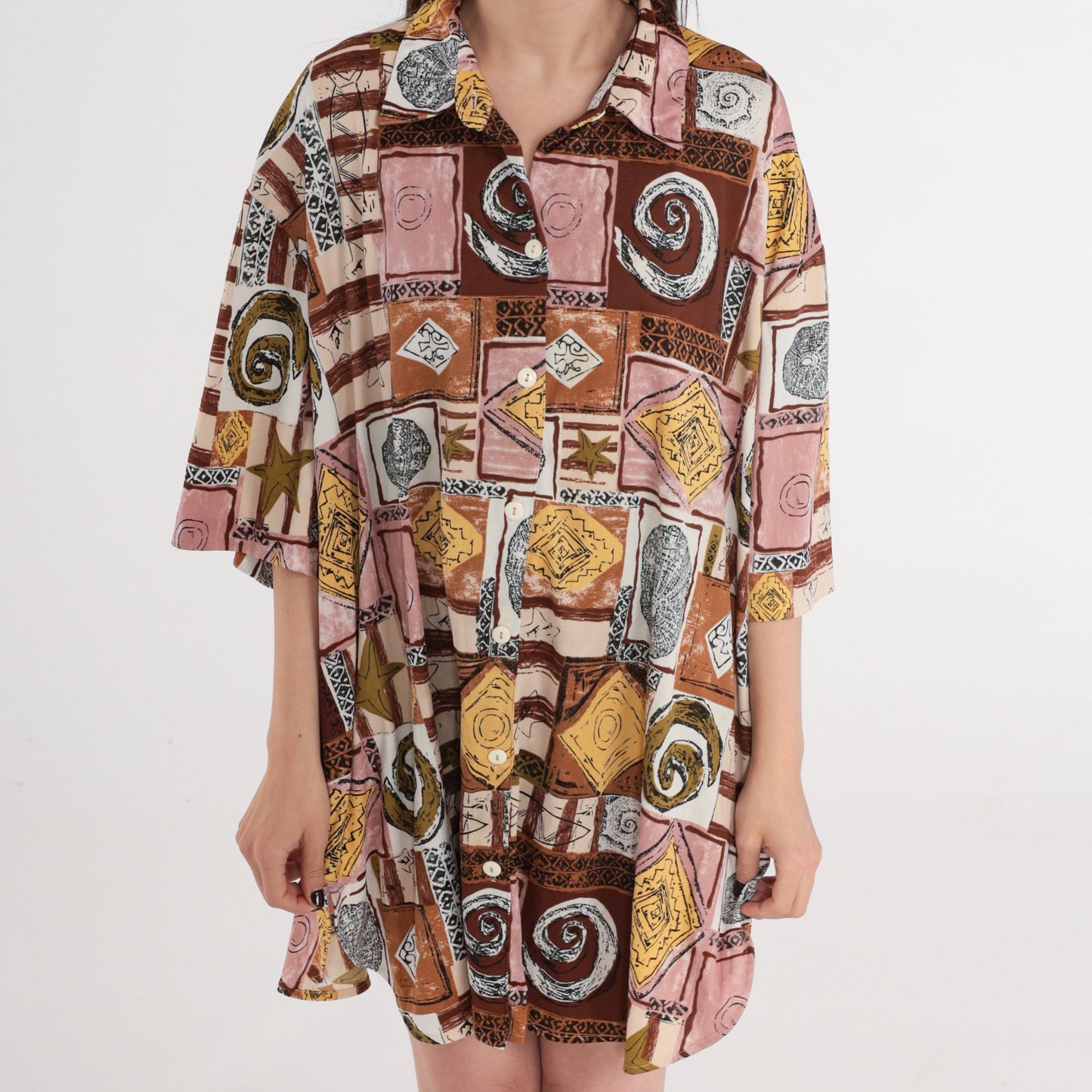 80s Beach Button Up Shirt Fish Seashell Starfish Print Plus Size 3XL
