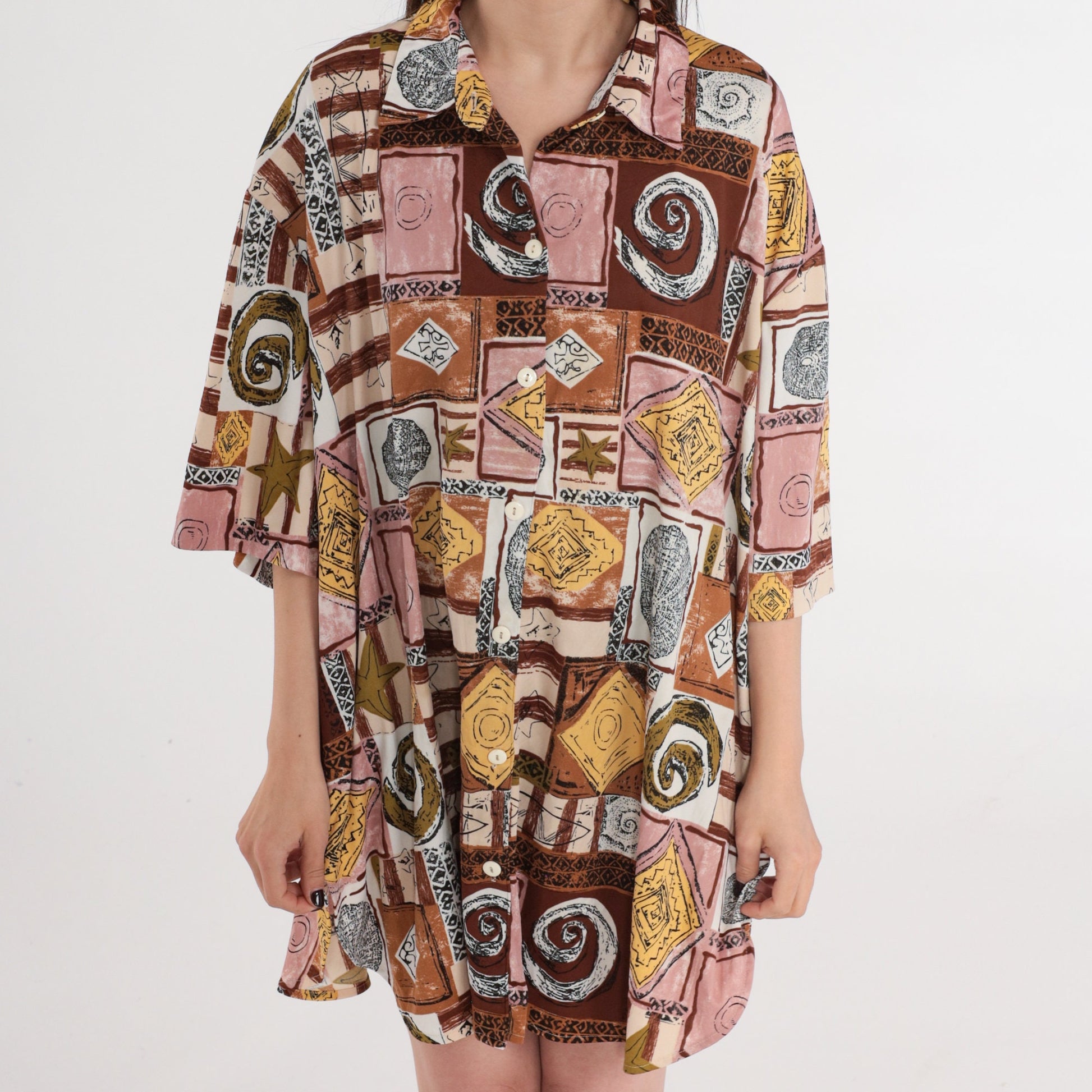 80s Beach Button Up Shirt Fish Seashell Starfish Print Plus Size 3XL