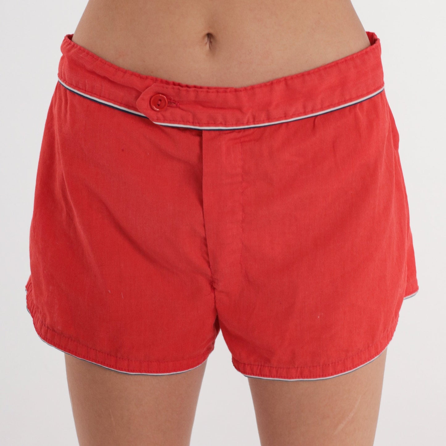 80s Red Ringer Swim Shorts Elastic Waist Board Shorts Medium