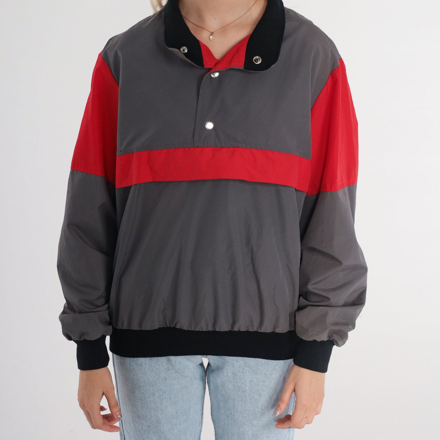 80s Grey Red Striped Nylon Windbreaker Pullover Half-Snap Jacket Medium