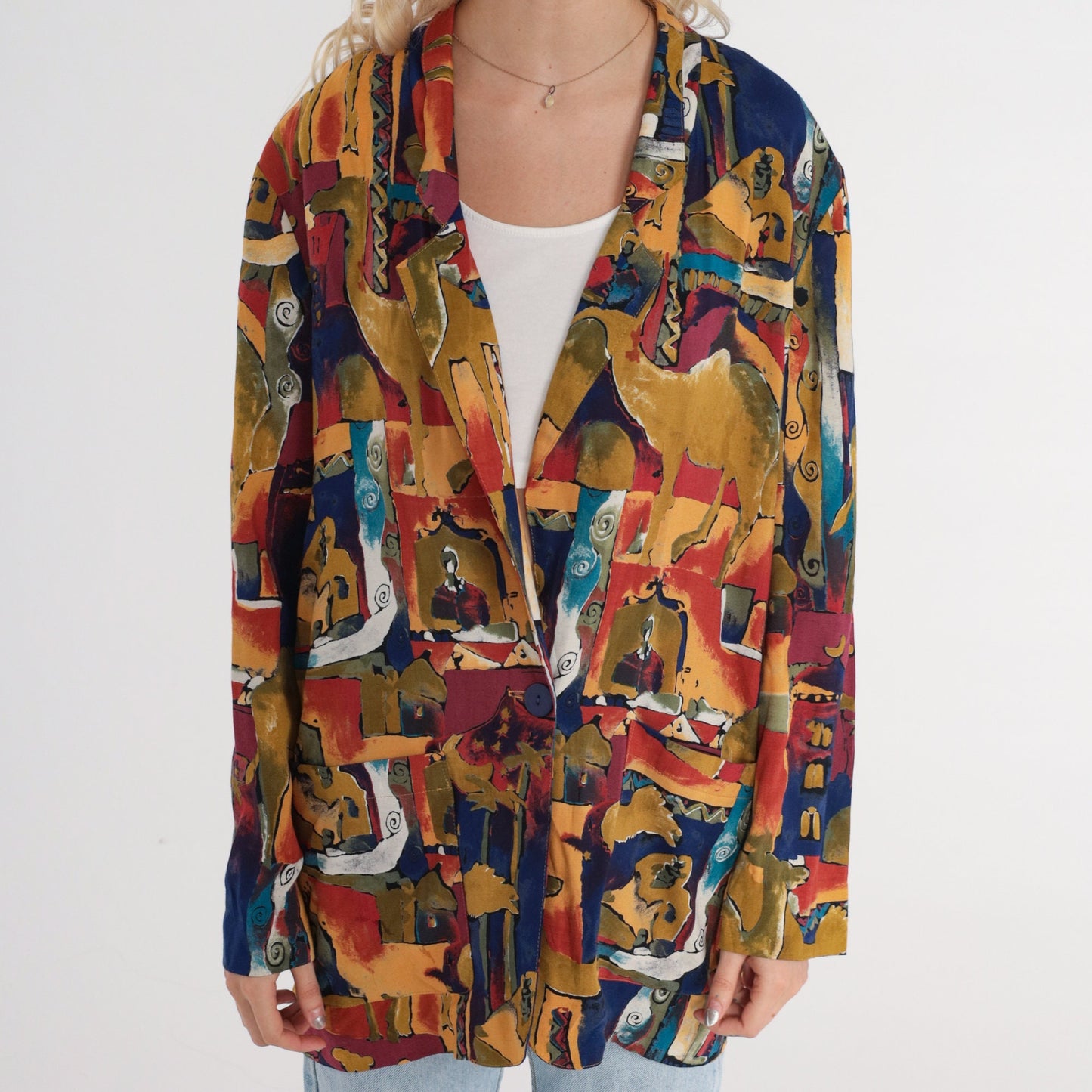 90s Camel Abstract Print Blazer Jacket Colorful Button-Up Collared Small S