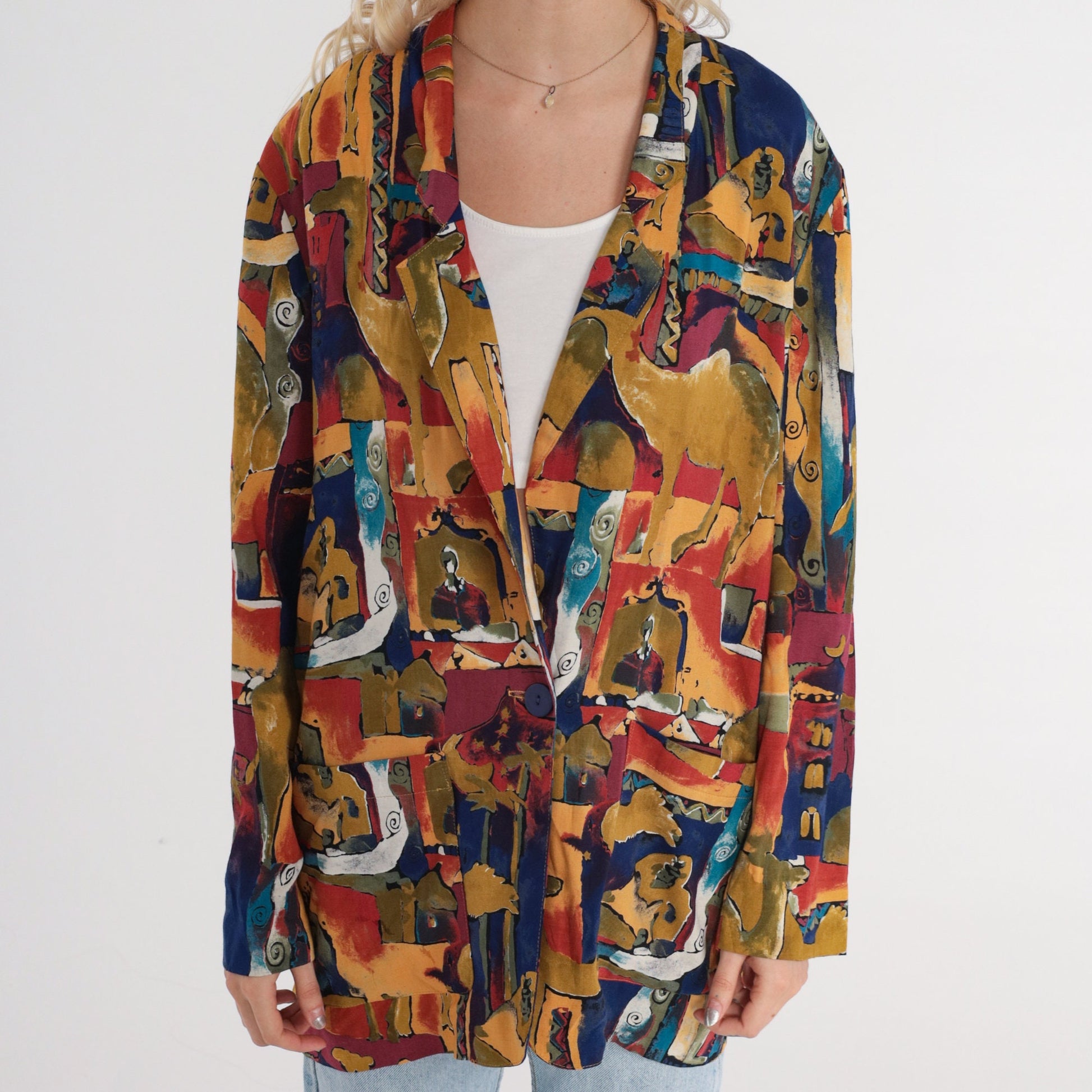 90s Camel Abstract Print Blazer Jacket Colorful Button-Up Collared Small S