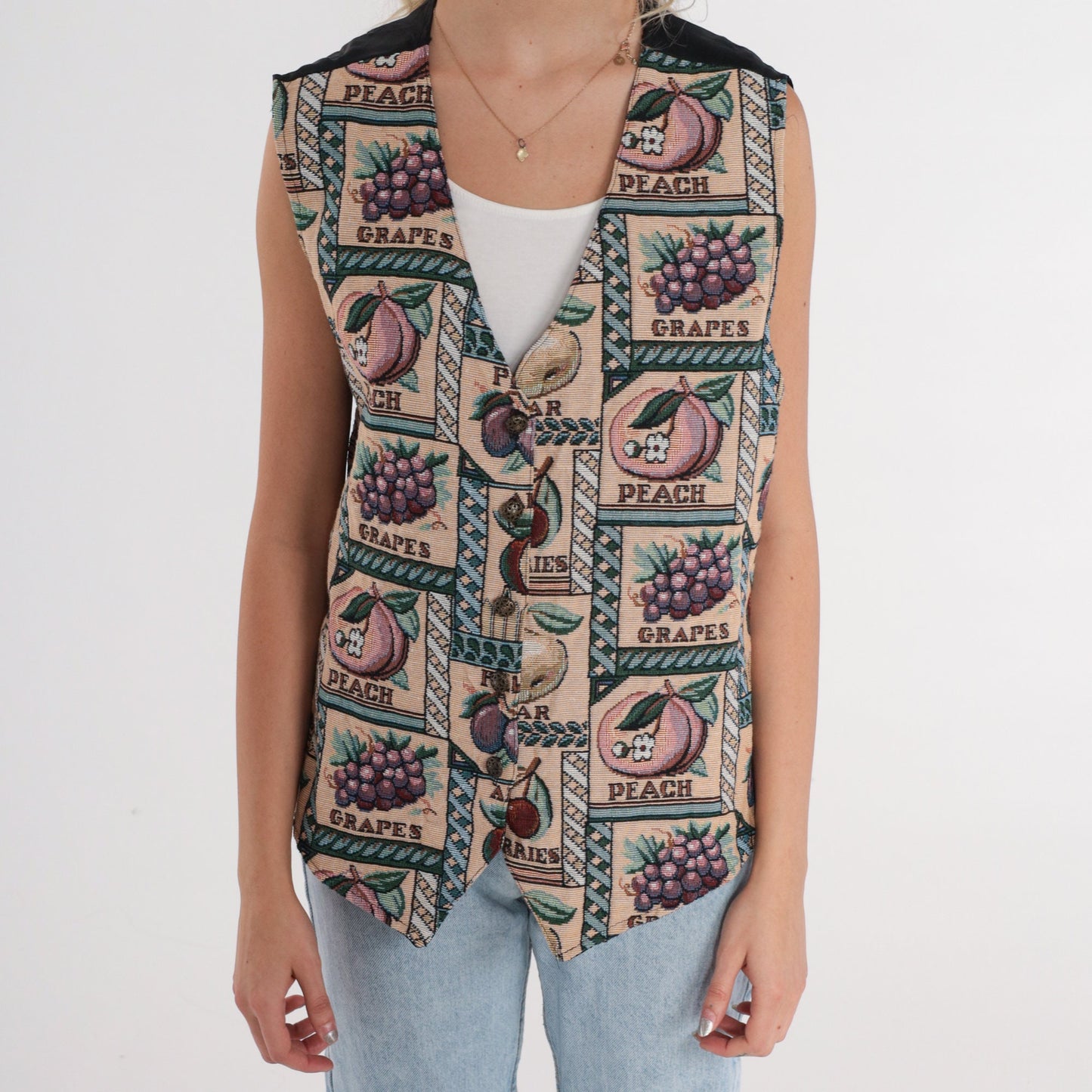 90s Fruit Print Vest Peaches Grapes Woven Button-Up Sleeveless Large L