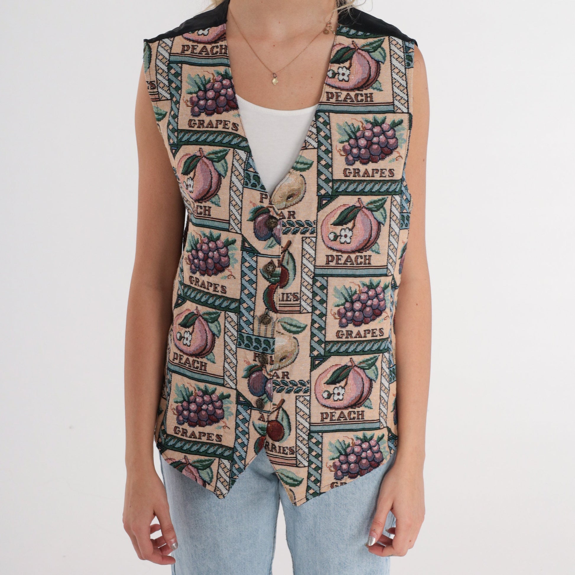 90s Fruit Print Vest Peaches Grapes Woven Button-Up Sleeveless Large L