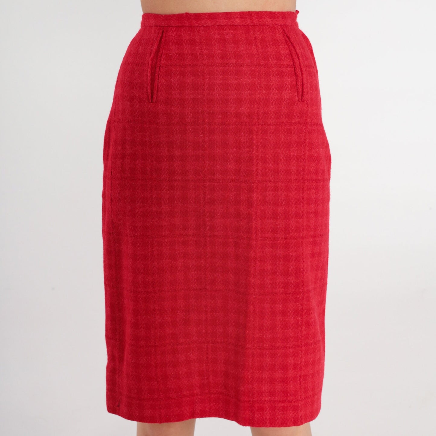 60s Bobbie Brooks Wool Skirt Red Checkered Pencil High Waist XXS
