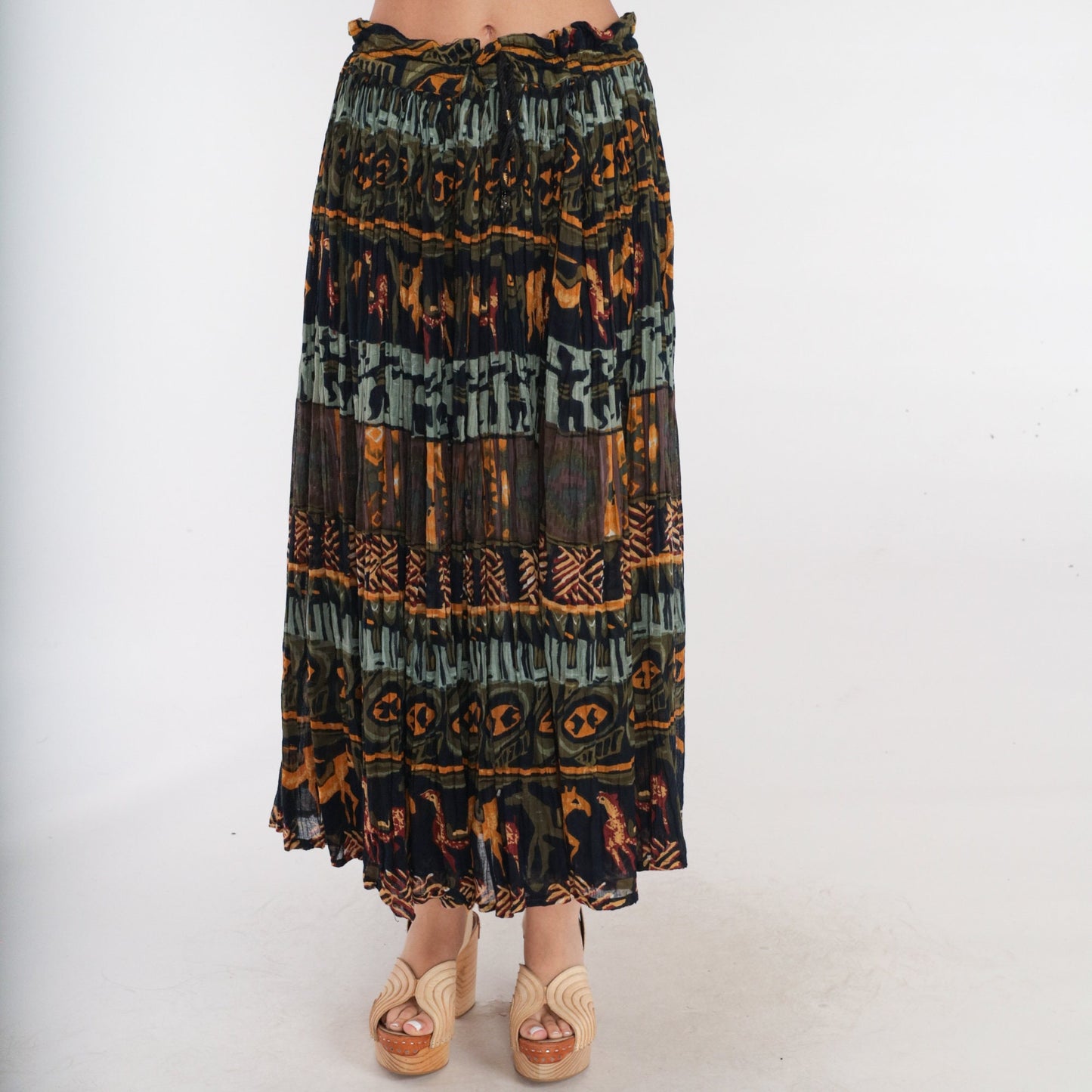 90s Geometric Horse Print Broomstick Skirt Olive Green Drawstring Medium Large