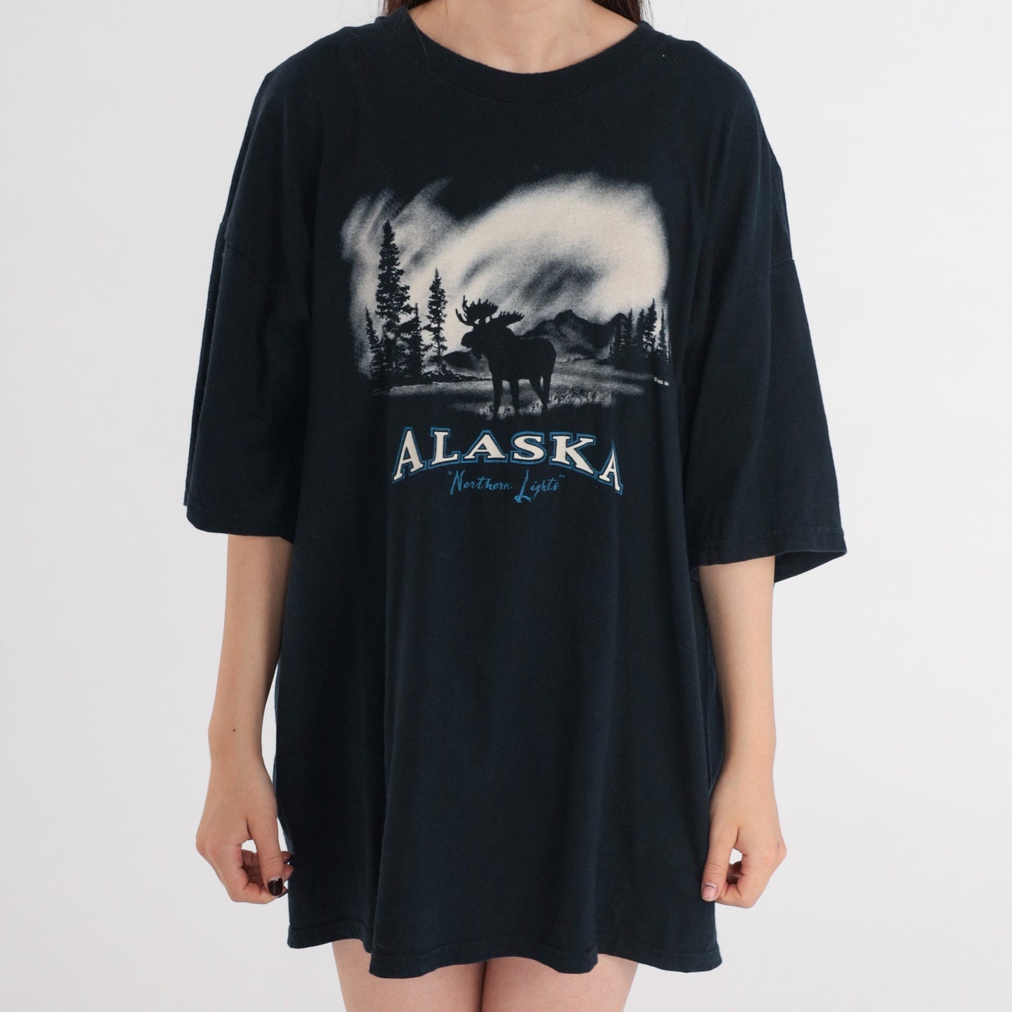 Y2K Alaska Moose Northern Lights Graphic Tee Cotton Plus Size XXL