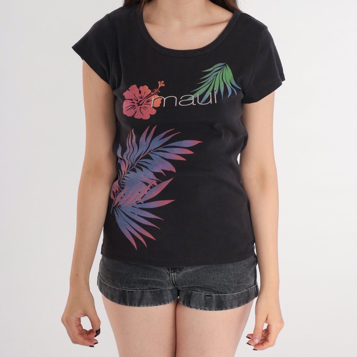 Y2K Crazy Shirts Maui Tropical Floral Graphic Tee Black Cotton Medium