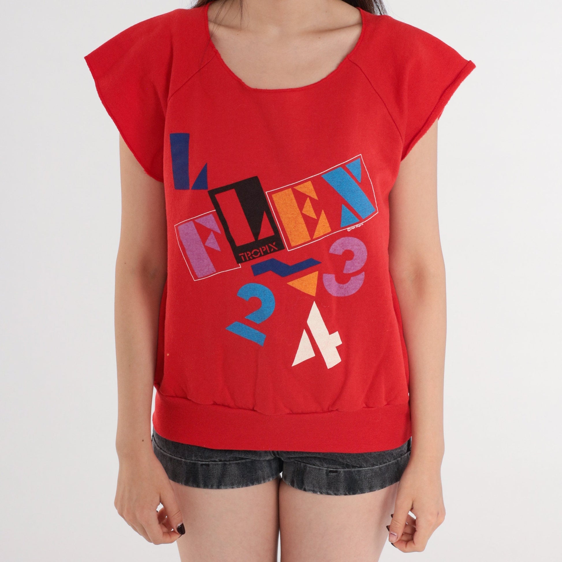 80s Tropix Flex Red Short Sleeve Sweatshirt Graphic Crewneck Medium