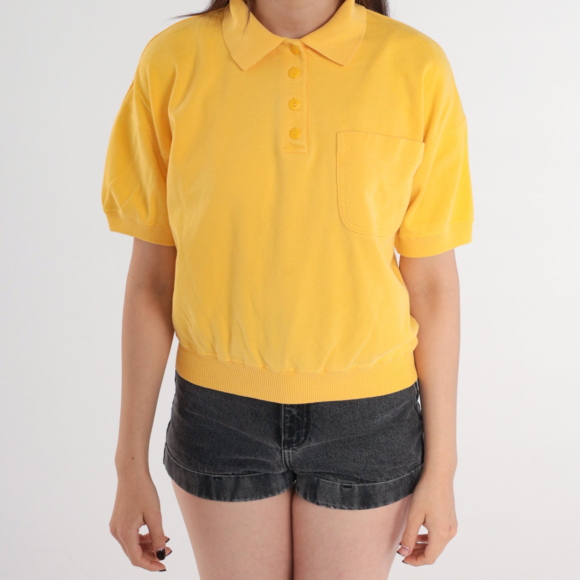 80s Yellow Polo Shirt Cotton Blend Chest Pocket Short Sleeve Medium