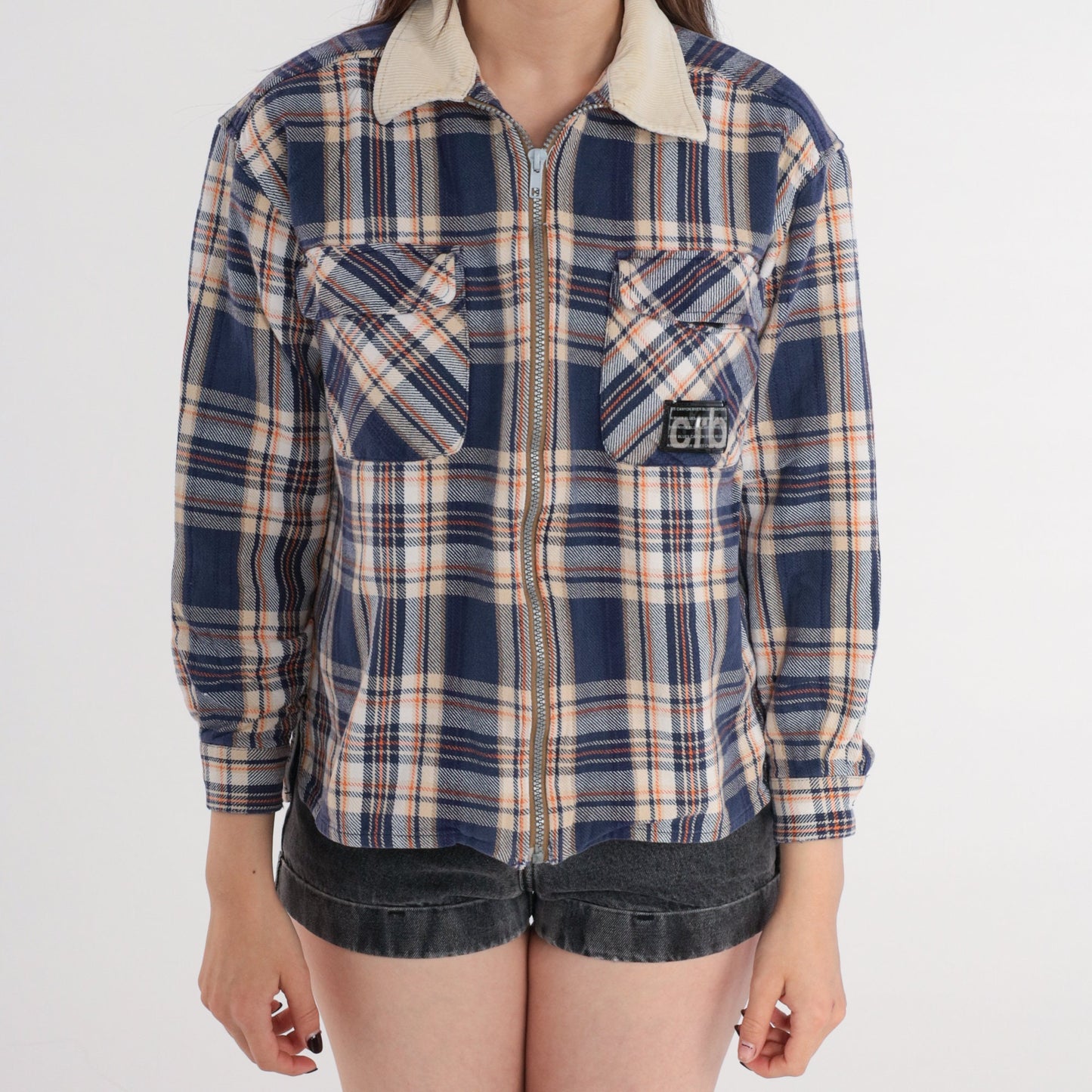 90s Canyon River Blues Plaid Zip Shirt Corduroy Collar Navy Cream Medium