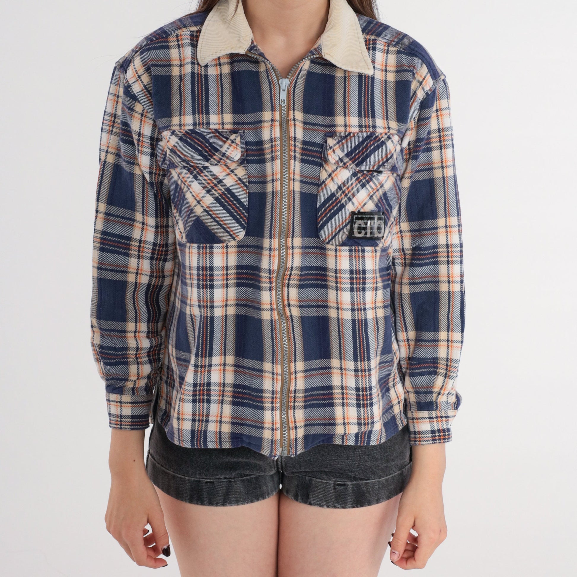 90s Canyon River Blues Plaid Zip Shirt Corduroy Collar Navy Cream Medium