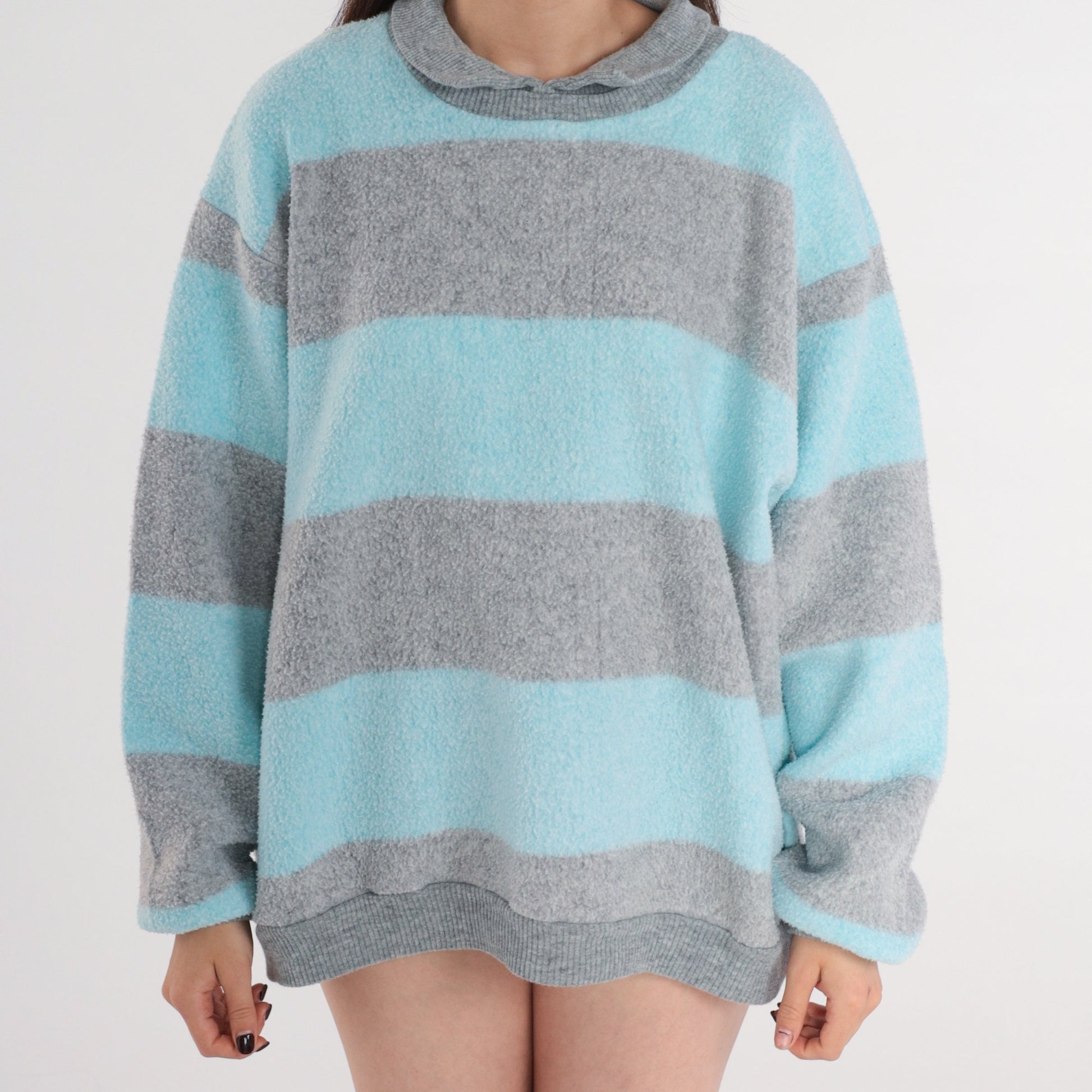 80s Striped Fleece Collared Sweatshirt Blue Grey Pullover Extra Large