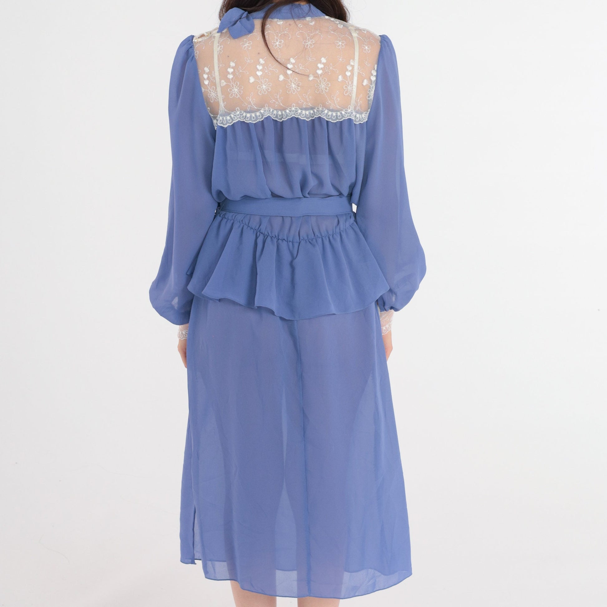 80s Purple Chiffon Midi Dress Lace Illusion Neckline Puff Sleeve Peplum Medium