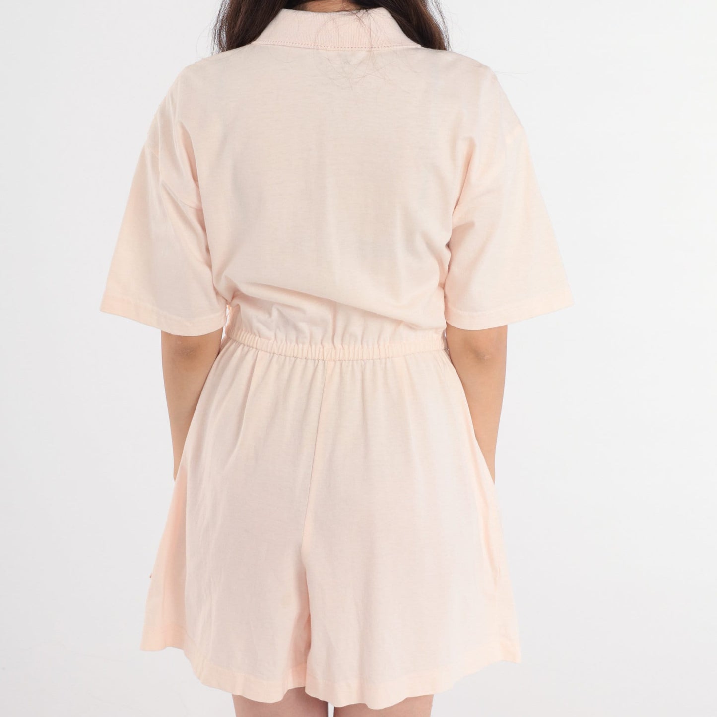 80s Derek Michael Baby Pink Cotton Romper Sequin Lace Yoke Small