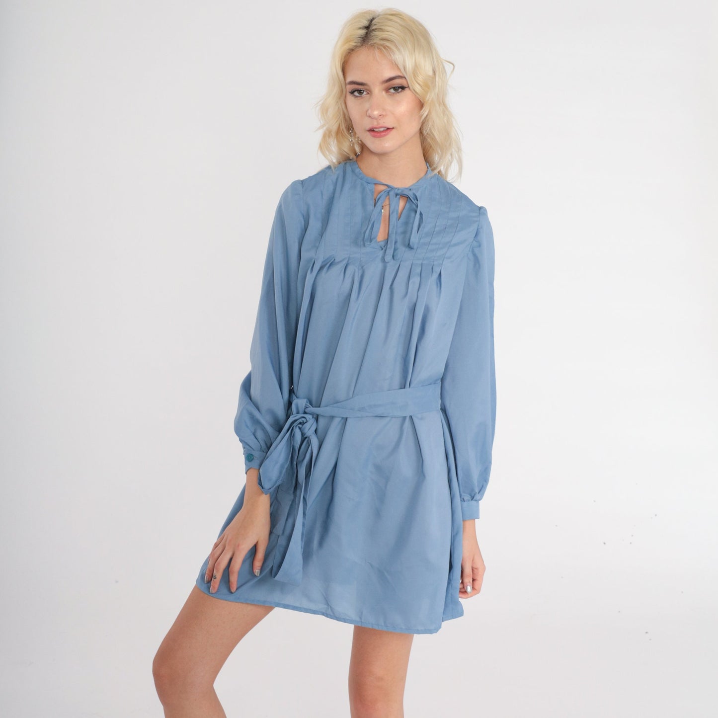 70s Blue Mini Dress Keyhole Tie Neck Long Sleeve Tent Cut Medium