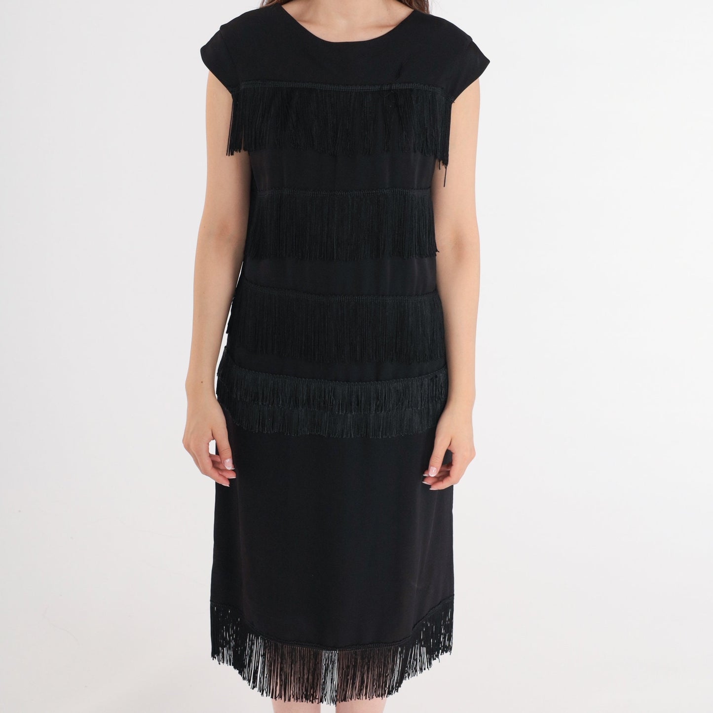 60s Black Fringe Shift Dress Cap Sleeve Cocktail Midi Medium